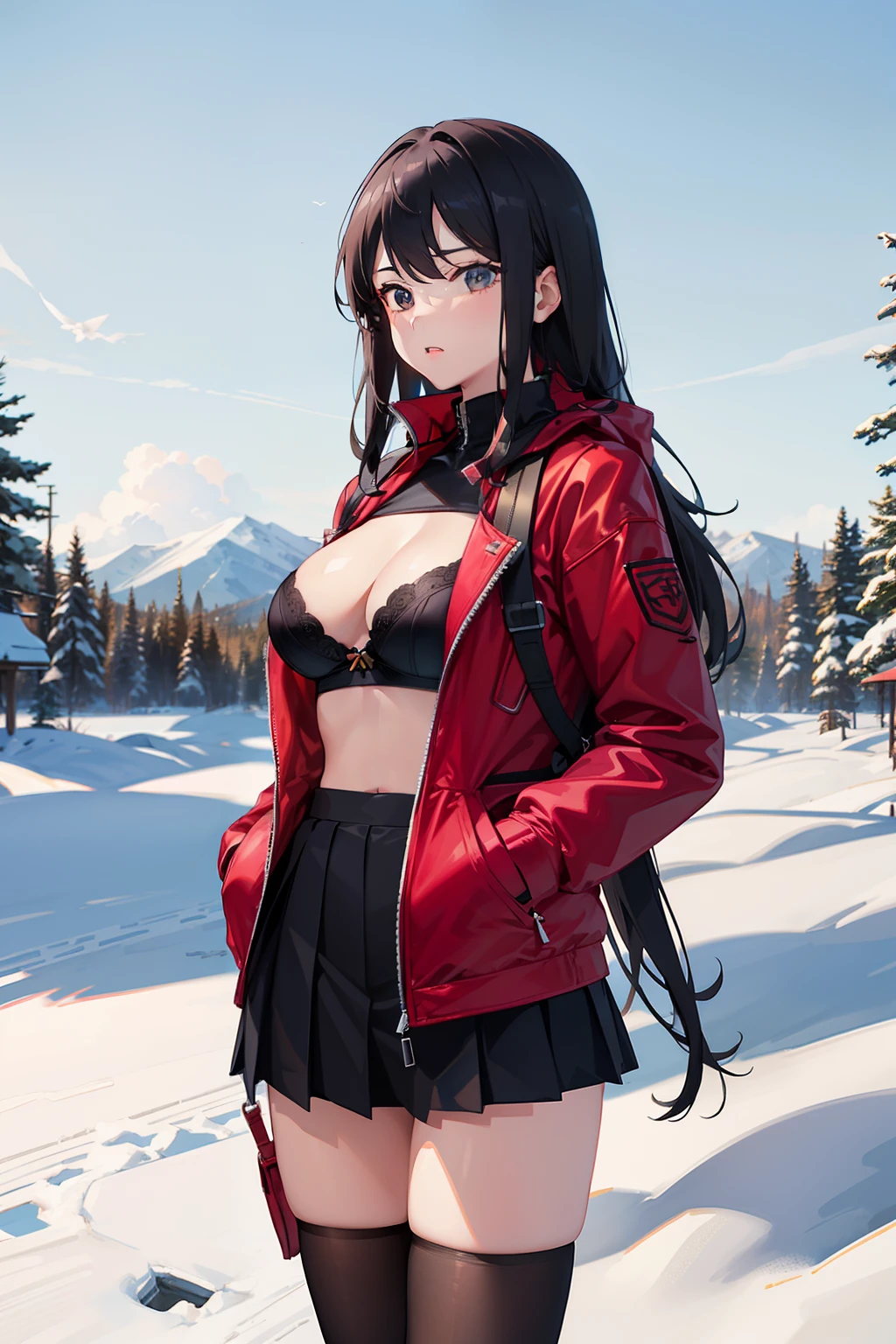 tmasterpiece，high qulity，独奏，a pregirl，beauitful face，E cup，Down jacket（Unzip to reveal the bra），a black pleated skirt，blackstockings，Reach into the pocket of your down jacket with both hands，exteriors，parks，snowfield，suns，blue-sky，Frontal photo，Front Shooting，Pull the coat open