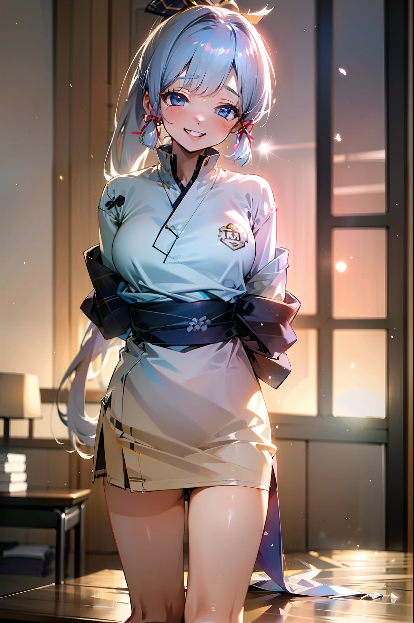 Kizi,Kamisato_Ayaka,white shirt,Black wrapped hip skirt,Dusk sunset,Inside the office,Leaning against the table,ssmile,Place your hands behind your back