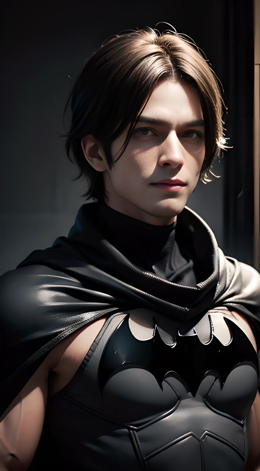 ((Men only)), (head shot), (handsome muscular man in his 20s), (batman), (Batman's appearance is characterized by a black cowl, cape, and suit, adorned with a red distinctive bat emblem, exuding an aura of dark vigilance and mystery), (Leon Kennedy), (Mischievous smile), (detaile: 1 in 1), Natural muscles, HIG quality, beautidful eyes, (Detailed face and eyes), (Face、: 1 / 2), Noise, Real Photographics、... .................................................................................................................PSD, Sharp Focus, High resolution 8K, realisitic & Professional Photography, 8K UHD, Soft lighting, High quality, Film grain, FujifilmXT3