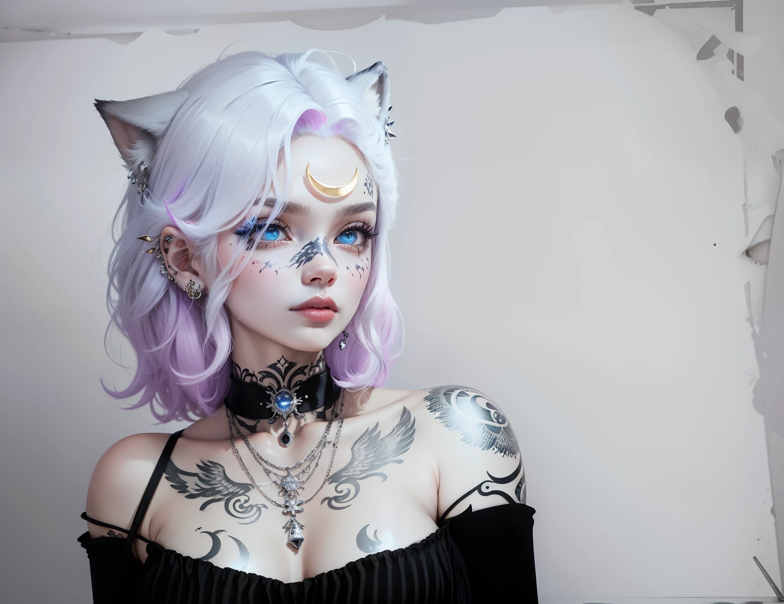 (Anthropomorphic wolf cute cub) orelhas de lobo,com um corce preta, um olho azul e outro branco , heterocromia nos olhos ,cabelo platinado curto cacheados com pontas roxas,bad girl, Moon birthmark on forehead 🌕🌙, Hibrido,jovem, retrato, busto, postura de frente para a camera, Cartoon, vestido como uma vesater roqueira metaleira dos anos 80 obra prima, postura de confiante, youtuber, fleshy lips , piercings no nariz e nas orelhas de lobo, tatuagens pelo corpo, tattoo de lua 🌙 acima dos seios,asas de anjo negro nas costas, e coleira , dark purple choker on neck, Hand with drag gloves, colares , piercings