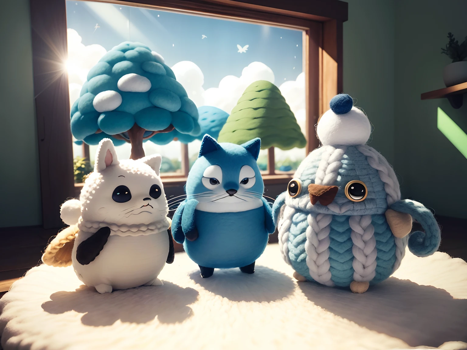 (Wool felt, wool knitted fabric, mundo bonito dos desenhos animados), casinha, Casa das Flores, flor, Animais, super fofo, great lighting, volume, John Klassen, Estilo Studio Ghibli, Lente 80mm, grande abertura, ......3d, master part, super detalhe, best quality