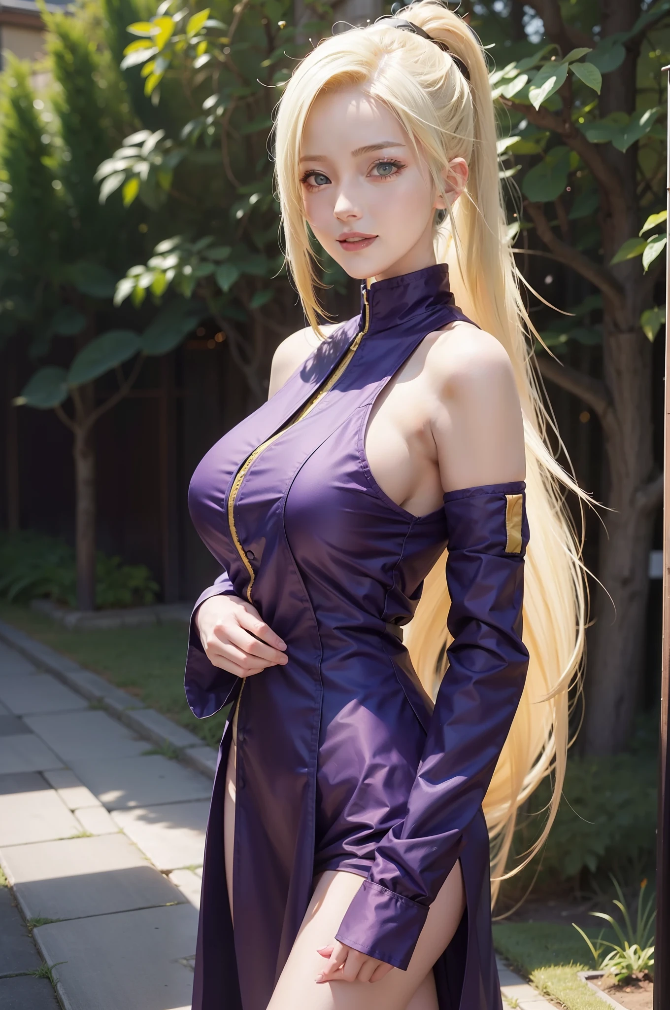 1girl, yamanaka ino in anime naruto, long hair, yellow hair, blue eyes, smile, beautiful, purple clothes, very big breast, realistic clothes, detail clothes, outdoor background, ultra detail, realistic