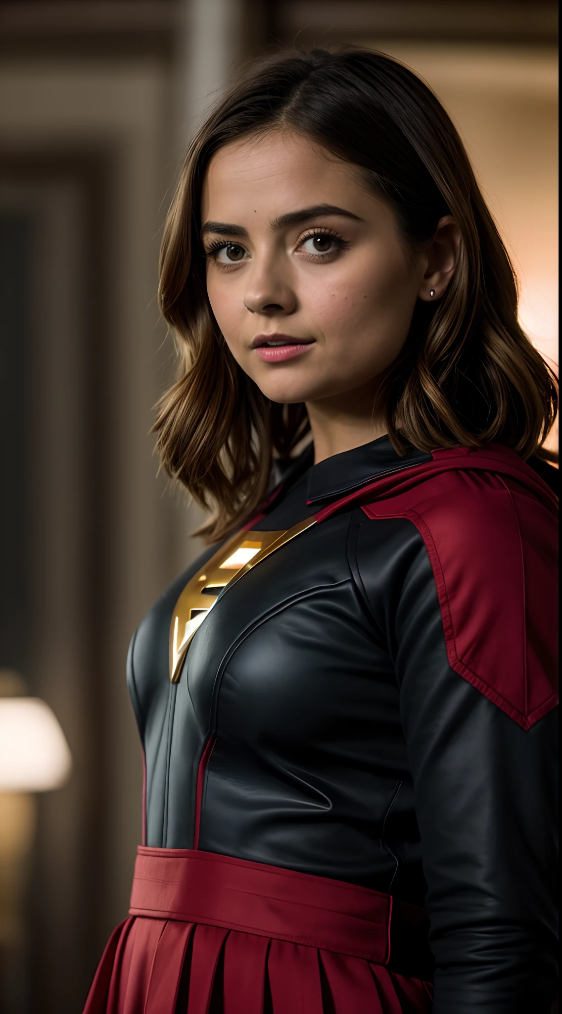 Foto RAW, Jenna Coleman com uniforme preto e vermelho,dark ,superhero,savior of the galaxy and the universe,(pele altamente detalhada: 1.2), 8k UHD, DSLR, soft-lighting, alta qualidade, grain of film, Fujifilm XT3