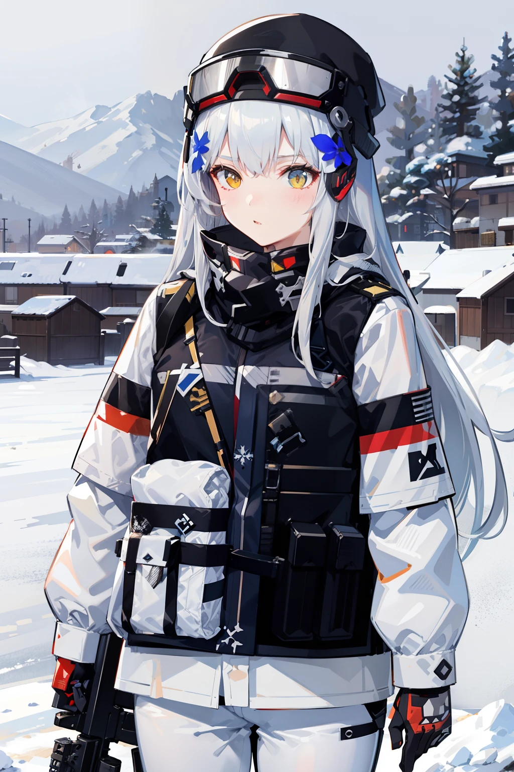 anime girl in winter gear standing in snow with skis, girls frontline style, from girls frontline, m4 sopmod ii girls frontline, fine details. girls frontline, girls frontline cg, girls frontline, kantai collection style, white haired, badass anime 8 k, perfect white haired girl, girls frontline universe, infantry girl, mechanized soldier girl, white-haired