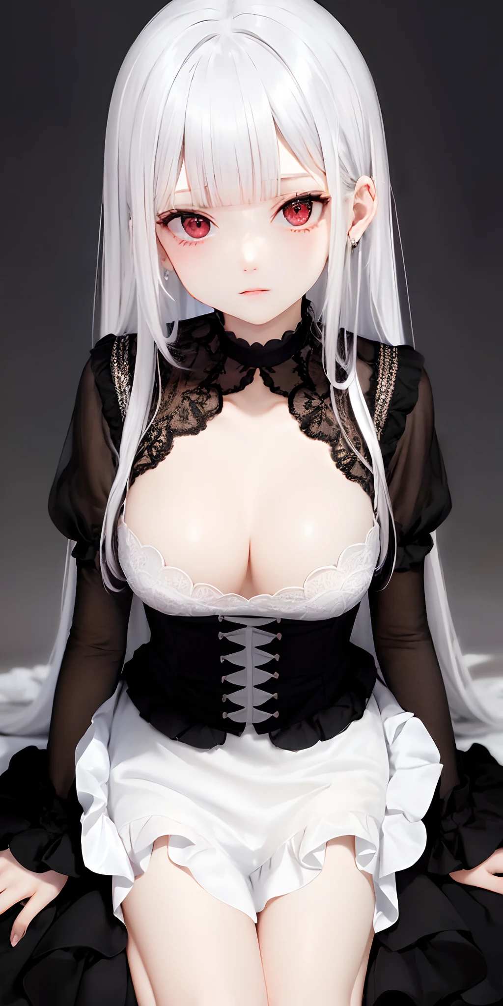 [monochromes:Subdued Color:0.6] theme, (masutepiece), (Best Quality), (Detailed), Light Layer, Lustrous skin, (intricate-detail , taut clothes, ), From  above, White hair, Black Choker, Long hair, hime-cut, Blunt bangs, side locks, Red Eyes, ,, (maturefemale:1.1),    (Simple background:1.1),tiered dress、Tiered One Piece、frilled blouse、frontage、low angles、Front Angle、symmetry、large boob