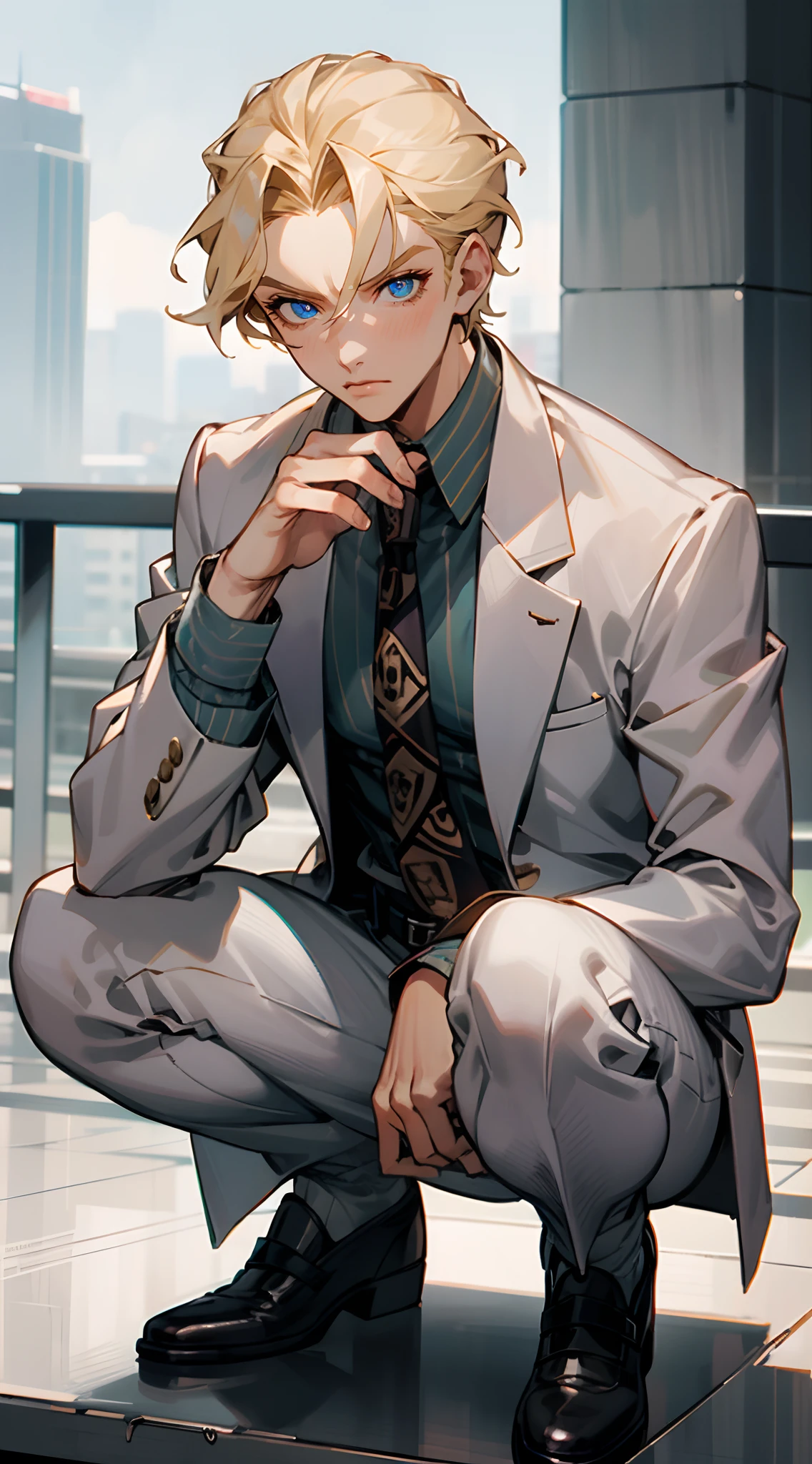 kirayoshikage, kira yoshikage, 1boy, blonde hair, short hair, mature male, cheekbones, blue eyes,
BREAK belt, formal, necktie, shoes, suit, white suit
BREAK looking at viewer, serious expression, slight blush
BREAK outdoors, park,
BREAK (masterpiece:1.2), best quality, high resolution, unity 8k wallpaper, (illustration:0.8), (beautiful detailed eyes:1.6), extremely detailed face, perfect lighting, extremely detailed CG, (perfect hands, perfect anatomy), squatting