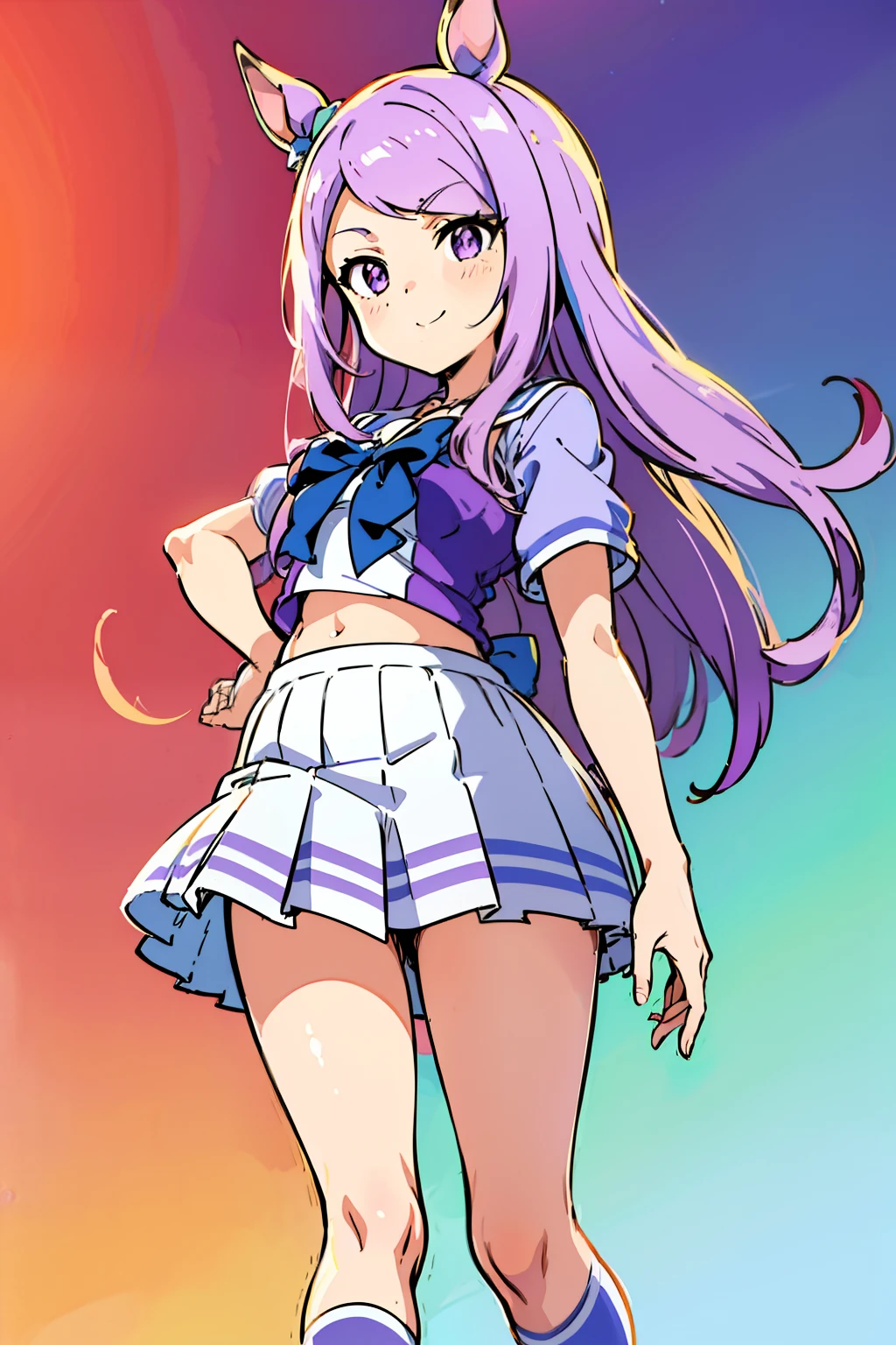 Mejiro McQueen,(Chibi,sketch,anime colours,from below,Front view,close-up:1.2),tracen school uniform, Summer uniform, serafuku, Puffy Short Sleeves, purple bowtie, Horseshoe ornament, Sailor collar, sailor shirt, Purple shirt, White skirt, Pleated skirt, frilld, Miniskirt, zettai ryouiki, white thighhig, Brown Footwear, lowfers,A smile,thighs thighs thighs thighs.