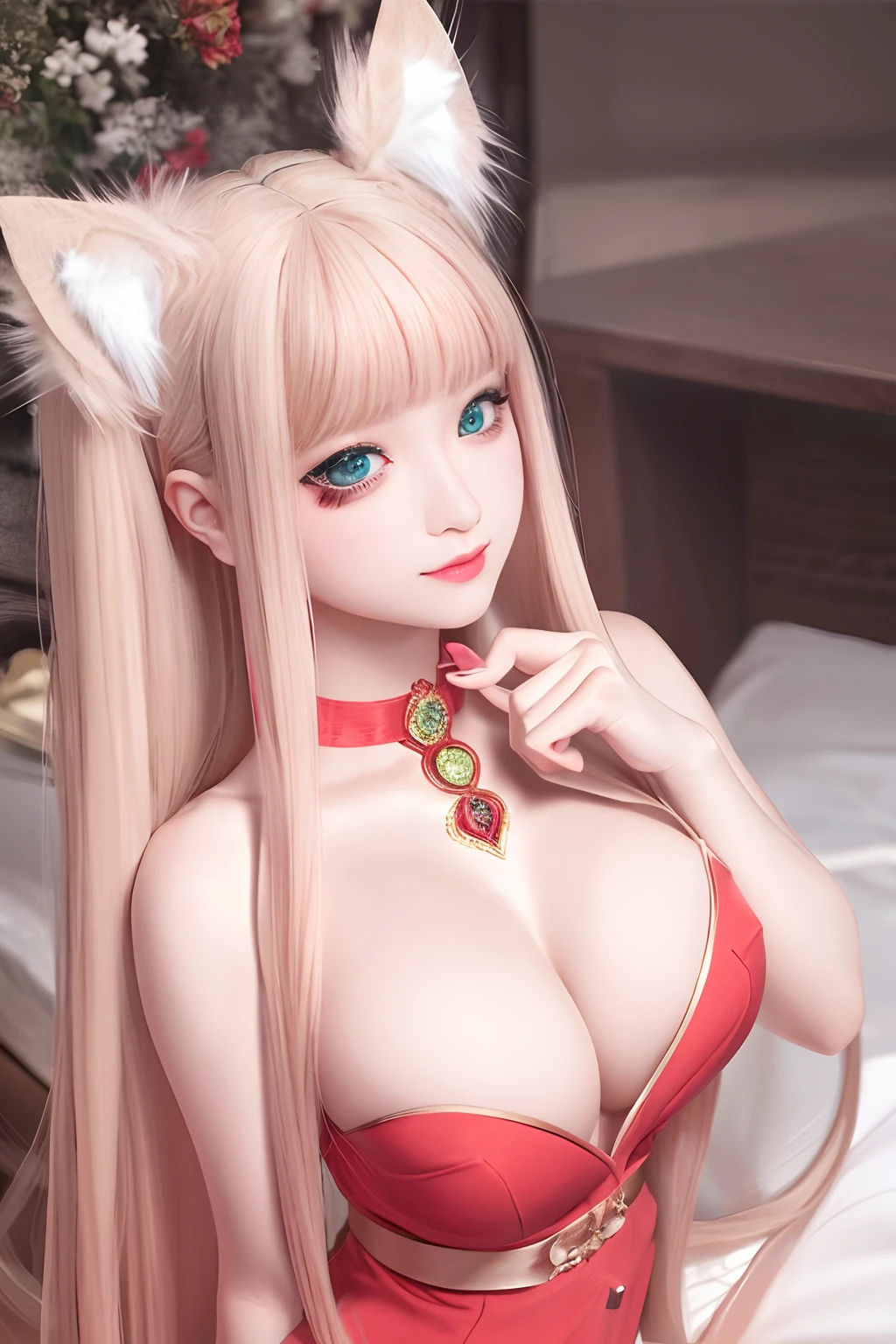 nsfw:1.5,masterpiece, from top, highest quality, high quality, high definition, high quality texture, high quality shadows, high definition, beautiful details, highly detailed CG, detailed textures, realistic representation of face, realistic, colorful, delicate, cinematic lights, side lights, lens flare, ray tracing, sharp focus, (1girl, __focus__:1.3), ( Intricate details, Makeup, PureErosFace_V1:0.5), (Delicate face beautiful with details, Delicate eyes with detailed and beautiful, Perfect face proportions, dense skin, optimal ratio of four fingers and one thumb, arms under the chest, Big chest, wide hips, smooth upper abdomen, lean, dress, long white hair:1.3), bed, without hands, gigantic breasts, large breasts, sexy hot bra