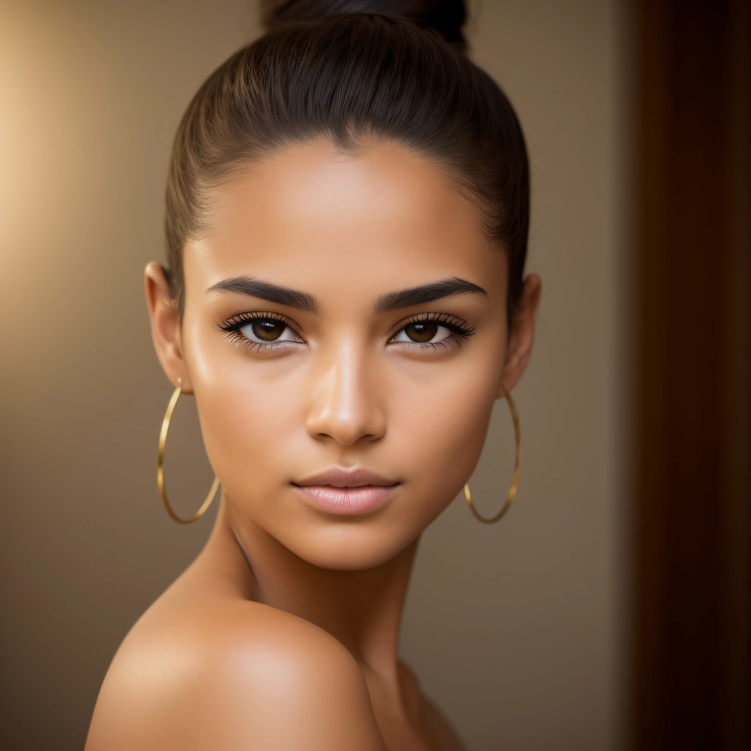 A photorealistic portrait of a insanely beautiful tanned Brazilian young woman with no makeup, mixed race, caucasian, skin is tanned, brown eyes, hair is in a sleek bun, detailed symmetric realistic face, realistic facial proportions, extremely detailed natural skin texture, peach fuzz, dark brown hair, masterpiece, award winning photo by Francesco Scavullo, nikon d850 film stock photograph, kodak portra 400 camera f1.6 lens, extremely detailed, amazing, fine detail, rich colors, hyper realistic lifelike texture, dramatic lighting, unrealengine, trending on artstation, cinestill 800 tungsten, looking at the viewer, photo realistic, RAW photo, TanvirTamim, high quality, highres, sharp focus, extremely detailed, cinematic lighting, 8k uhd