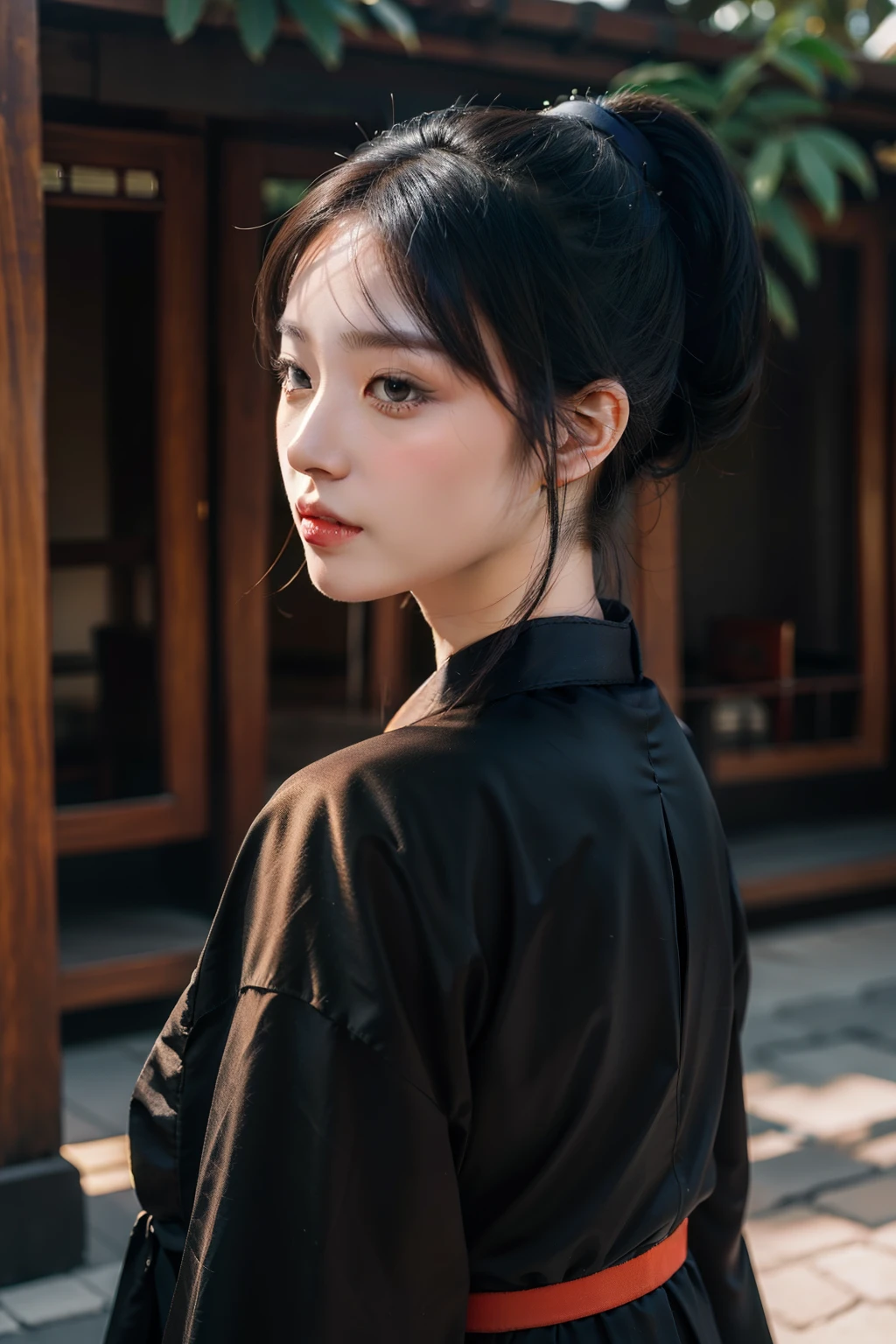 Hanfu woman,Black high ponytail,Splendor before the ancient city