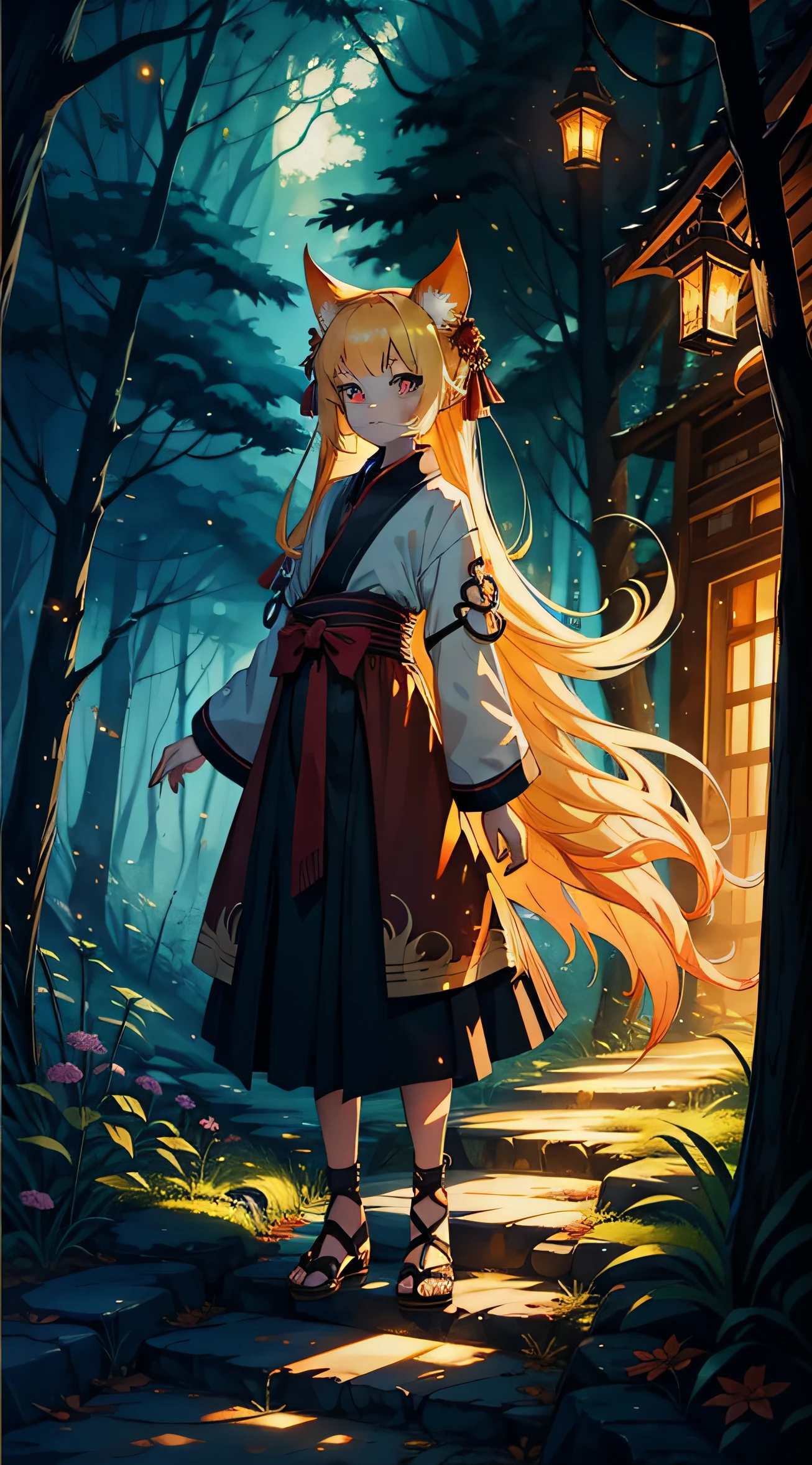 Nine tails girl, Forest, fireflies, shining soul, around, watercolors paint, vivid colors