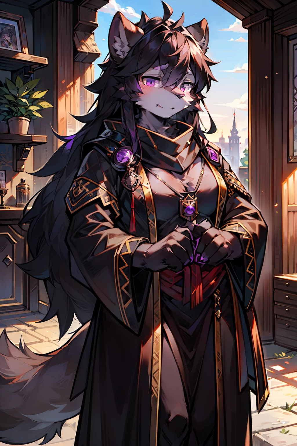 solo person，shaggy female，hairy bodies，shoun，lion，canid，black fur，long  black hair，The ends of the hair are purple，Purple eye，Handsome，large tail，full bodyesbian，城市，Busy，sigh，medieval, black cowl, small ears, small round ears, leather outfit