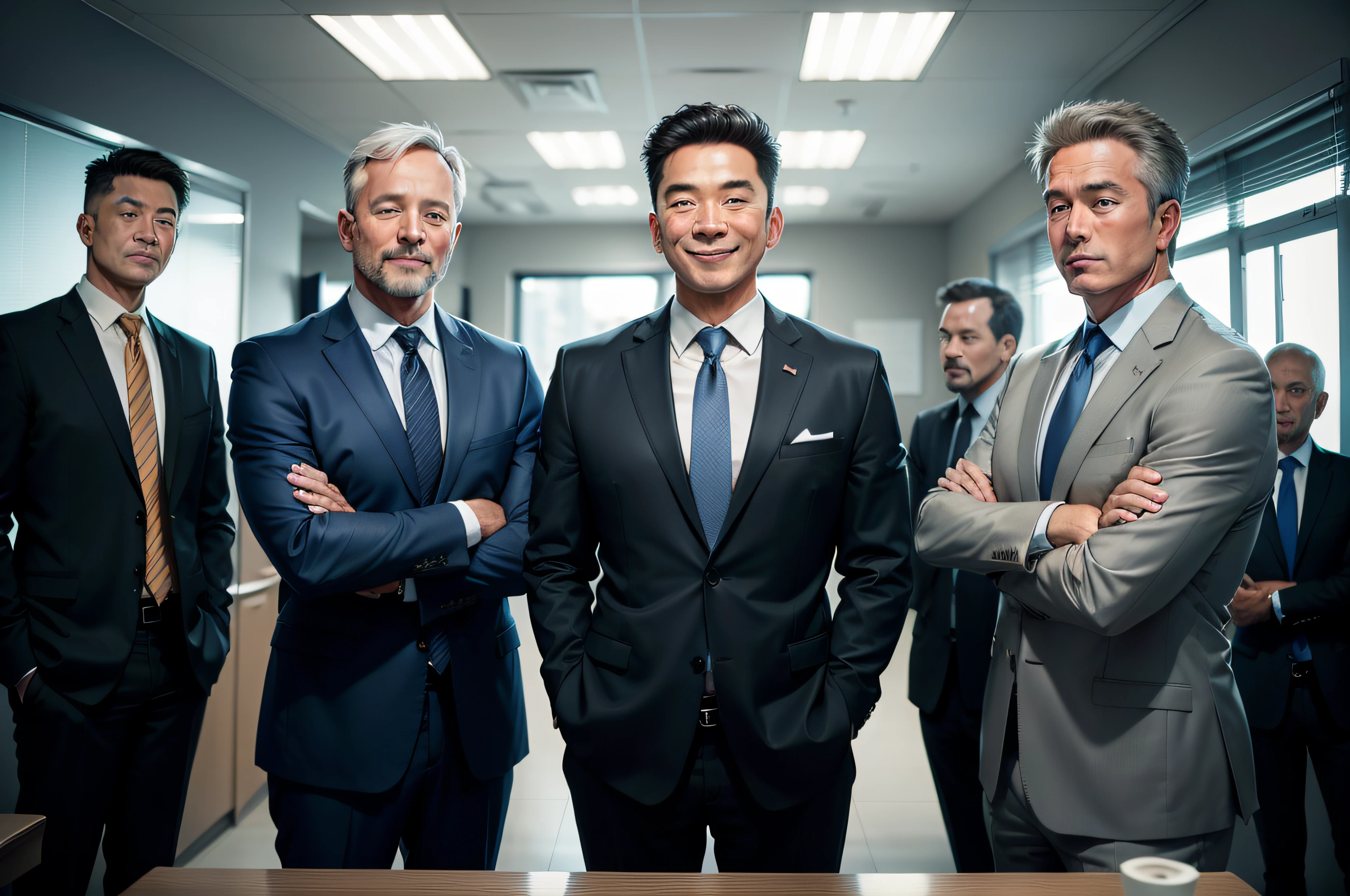 CEO of happy middle aged male businessman、Standing in office with arms crossed、Mature and confident professional executive manager with a smile、Leader of a businessman in a gray suit、