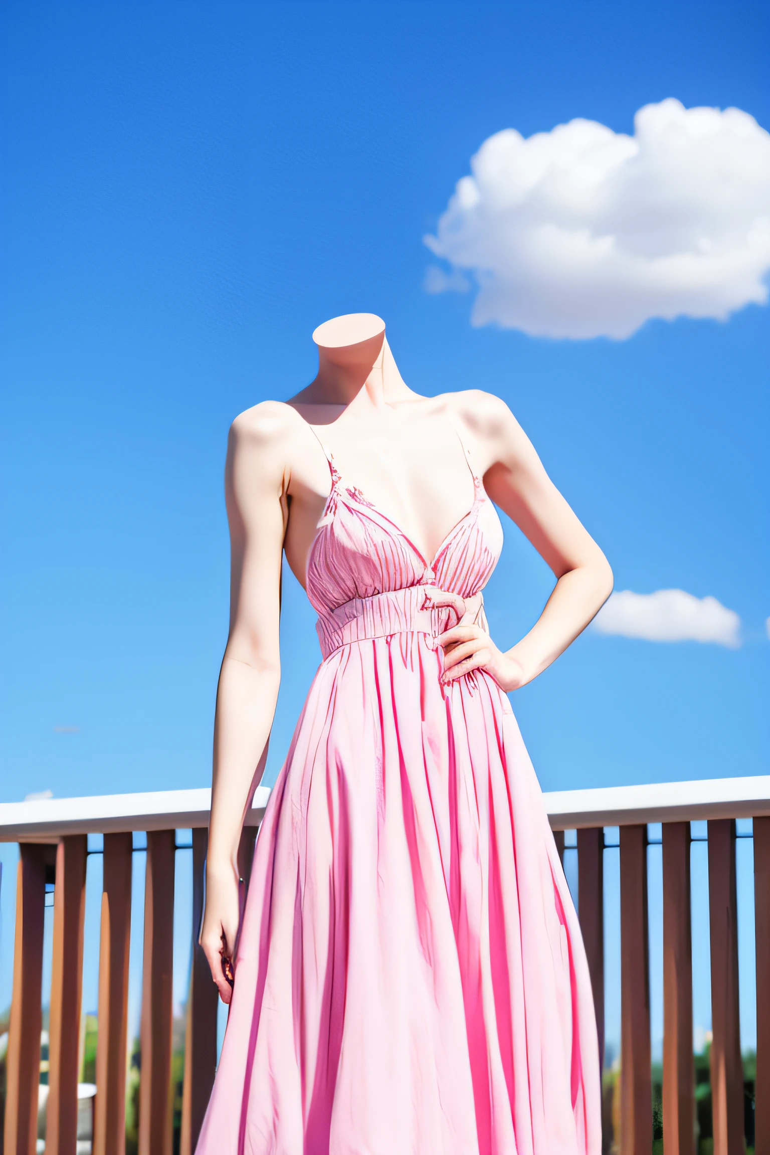 (best quality, masterpiece), 1girl, solo, pink sun dress, small breasts, thin frame, freckled skin, headless, backyard, fence, blue sky, cloud