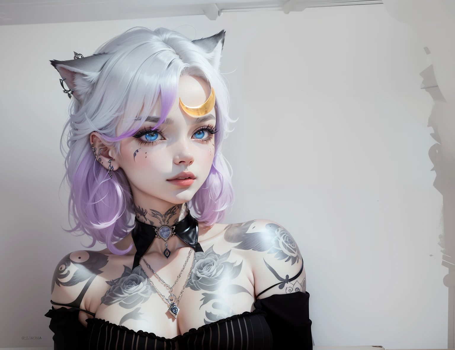 (Anthropomorphic wolf cute cub) orelhas de lobo,com um corce preta, um olho azul e outro branco , heterocromia nos olhos ,cabelo platinado curto cacheados com pontas roxas,bad girl, Moon birthmark on forehead 🌕🌙, Hibrido,jovem, retrato, busto, postura de frente para a camera, Cartoon, vestido como uma vesater roqueira metaleira dos anos 80 obra prima, postura de confiante, youtuber, fleshy lips , piercings no nariz e nas orelhas de lobo, tatuagens pelo corpo, tattoo de lua 🌙 acima dos seios,asas de anjo negro nas costas, e coleira , dark purple choker on neck, Hand with drag gloves, colares , piercings