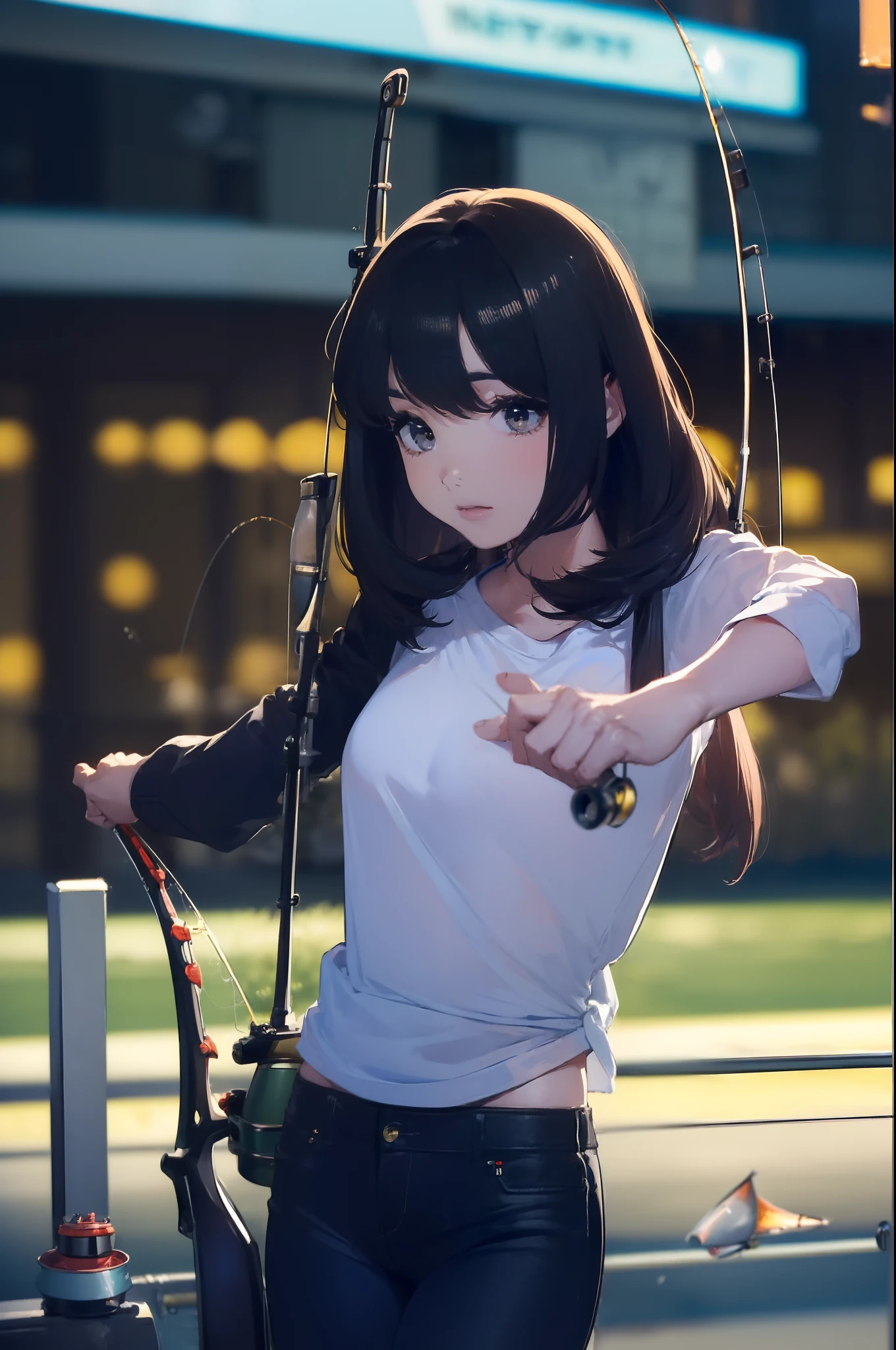((((having a fishing rod with a reel by the lakeside:1.5)))),((Female 28 years old)),((Best Quality:1.5)),(((Hands with the correct number and structure of fingers:1.4))),((Big fish:1.37)),hight resolution,ultra-detailliert,masterpiece,best qualtiy,(Eight-headed body),Black hair, long eyes-lashes, Solid Circle Eyes, drop shadow, Atmospheric perspective,Super Detail, ccurate, small brest,(Black jacket and black jeans :1.1),top-quality, blurry backround, bokeh dof:1.2, (masterpiece:1.3), Atmospheric perspective,Super Detail,dynamic compositions,