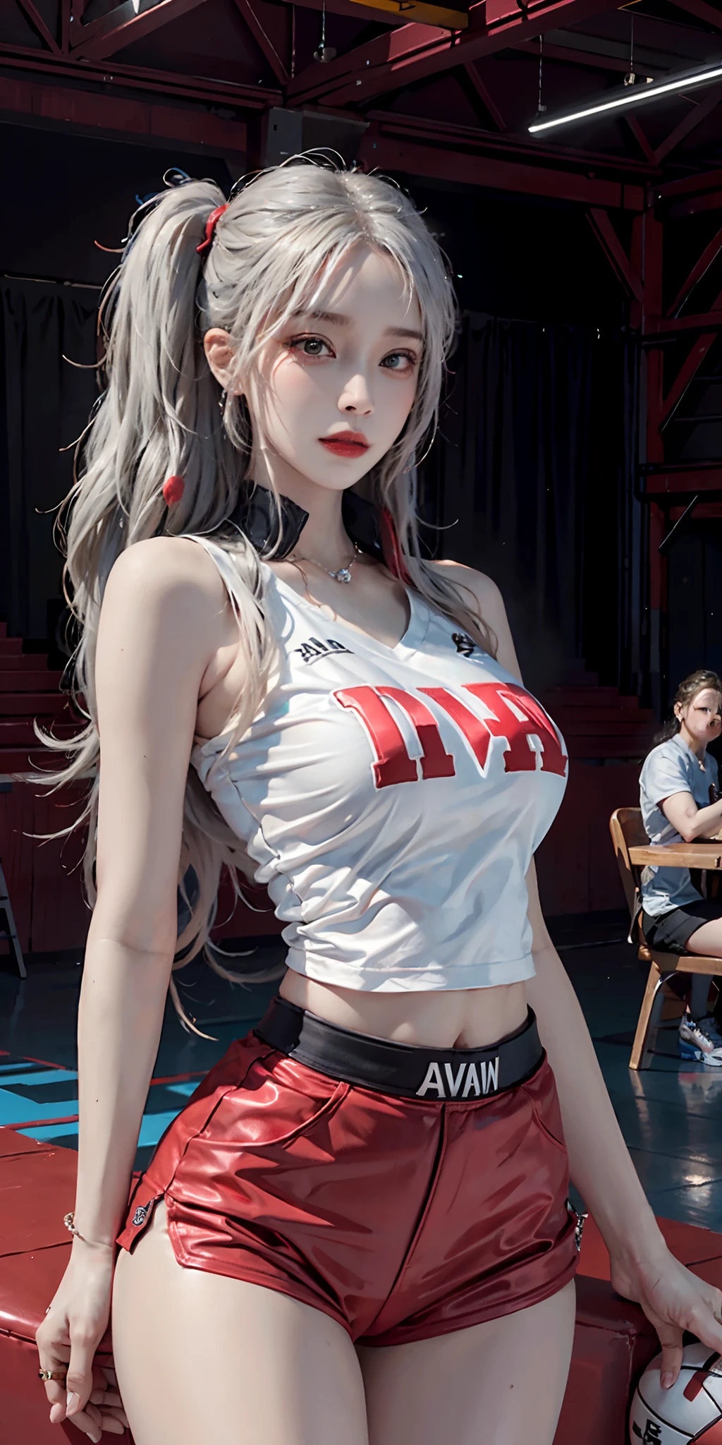 photorealistic, high resolution, soft light,1women, solo, hips up, (detailed face), jewelry, harley quinn, jewelry, tattoo, Red Basketball Uniform、Luxurious indoor sports stadium、basketball court