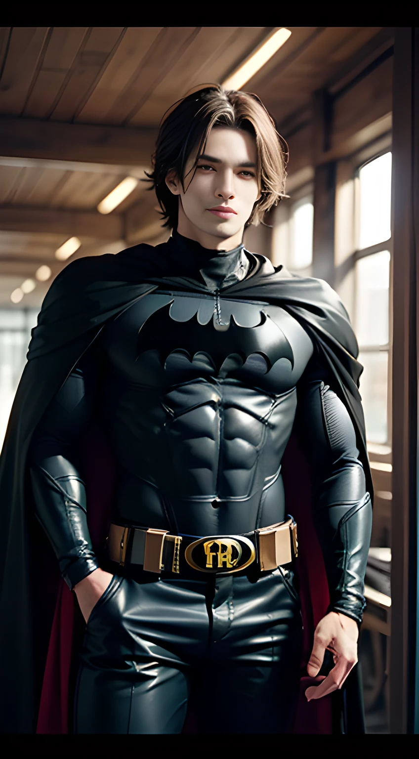 ((Men only)), (cowboy shot), (handsome muscular man in his 20s), (batman), (Batman's appearance is characterized by a black cowl, cape, and suit, adorned with a red distinctive bat emblem, exuding an aura of dark vigilance and mystery), (Leon Kennedy), (Mischievous smile), (detaile: 1 in 1), Natural muscles, HIG quality, beautidful eyes, (Detailed face and eyes), (Face、: 1 / 2), Noise, Real Photographics、... .................................................................................................................PSD, Sharp Focus, High resolution 8K, realisitic & Professional Photography, 8K UHD, Soft lighting, High quality, Film grain, FujifilmXT3