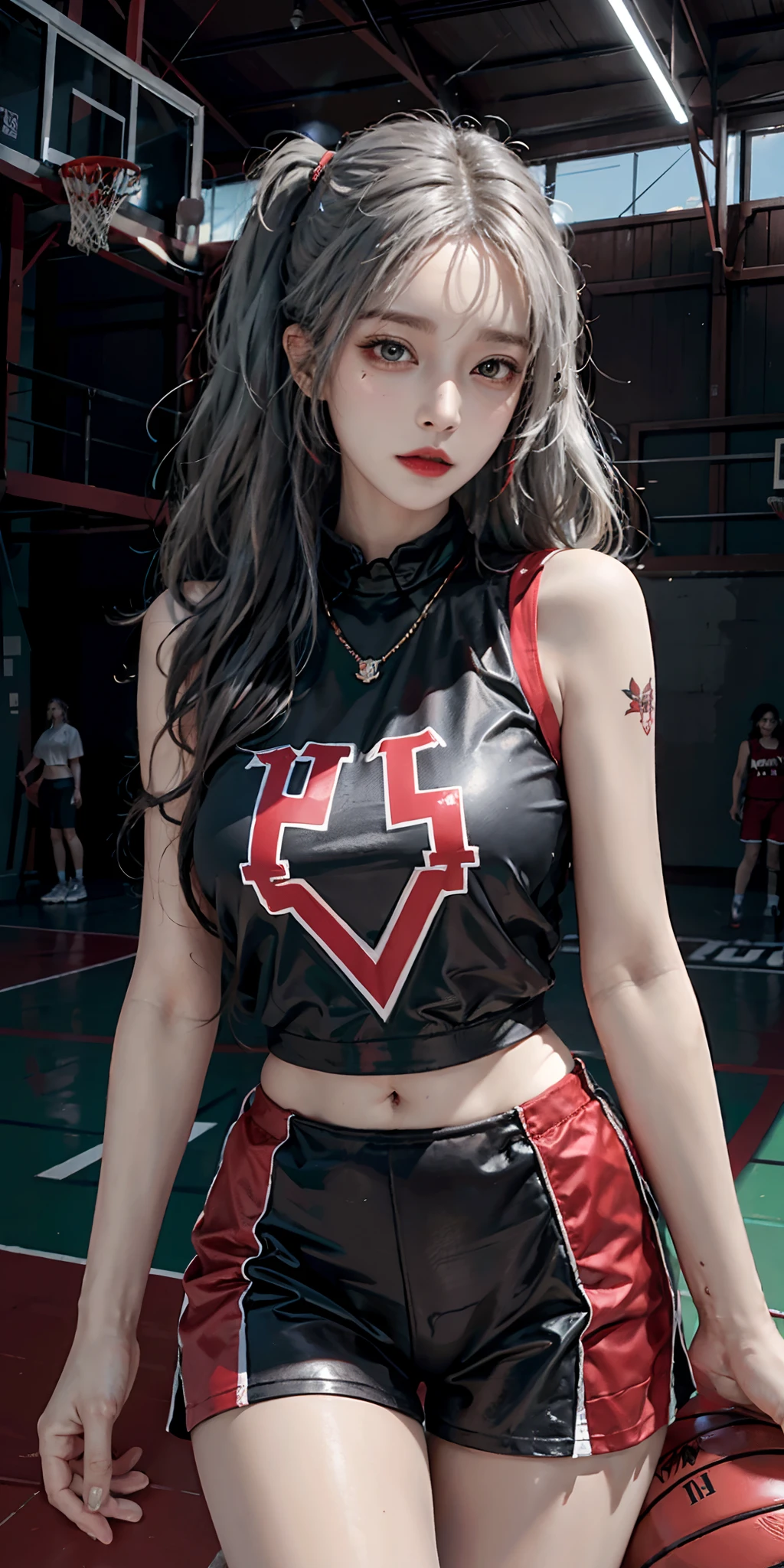 photorealistic, high resolution, soft light,1women, solo, hips up, (detailed face), jewelry, harley quinn, jewelry, tattoo, Red Basketball Uniform、Luxurious indoor sports stadium、basketball court