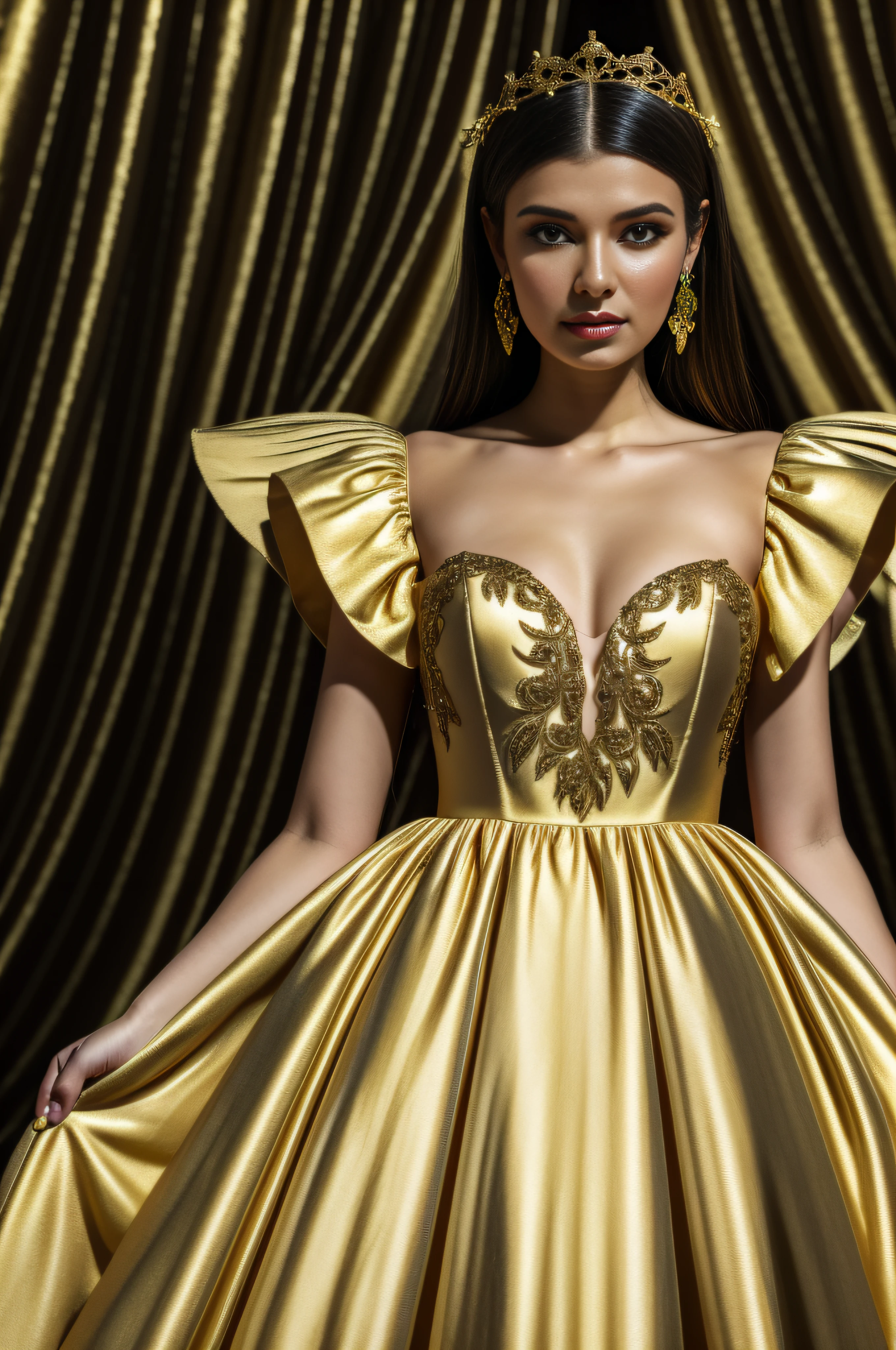 an angelic young woman dressed in a golden fairy gown, charly amani