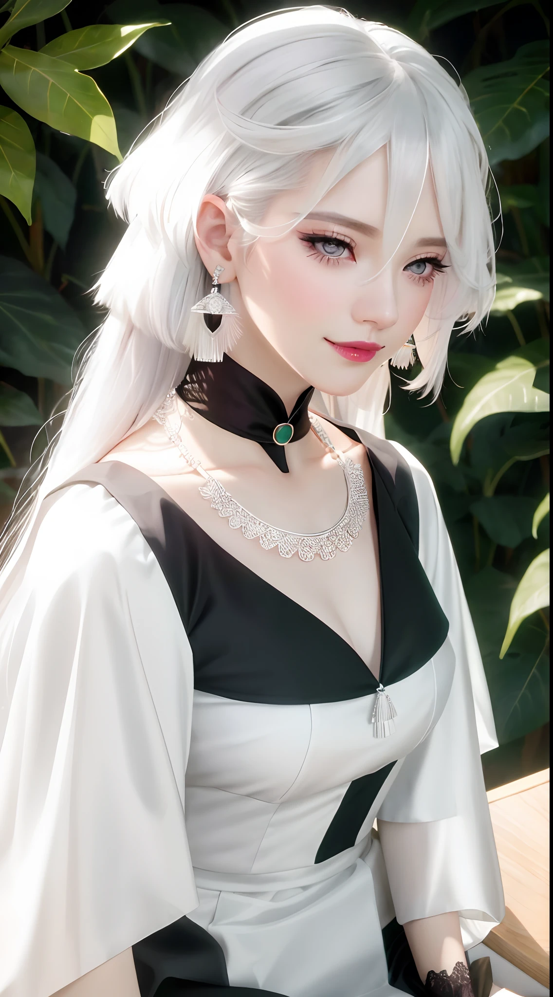 sitting the desk, aroused, necklace, Earrings, full bodyesbian, Long white hair, White kimono, masterful, hyper HD, RAW photo, Realism: 1.25), (bright lip gloss, Long eyelashes, Smooth face , Bright Skin, naturalshadow, Wide light, Wide light, Depth of field, strong colors, subtle caustics: 0.8), Smile, (Big tits), v6