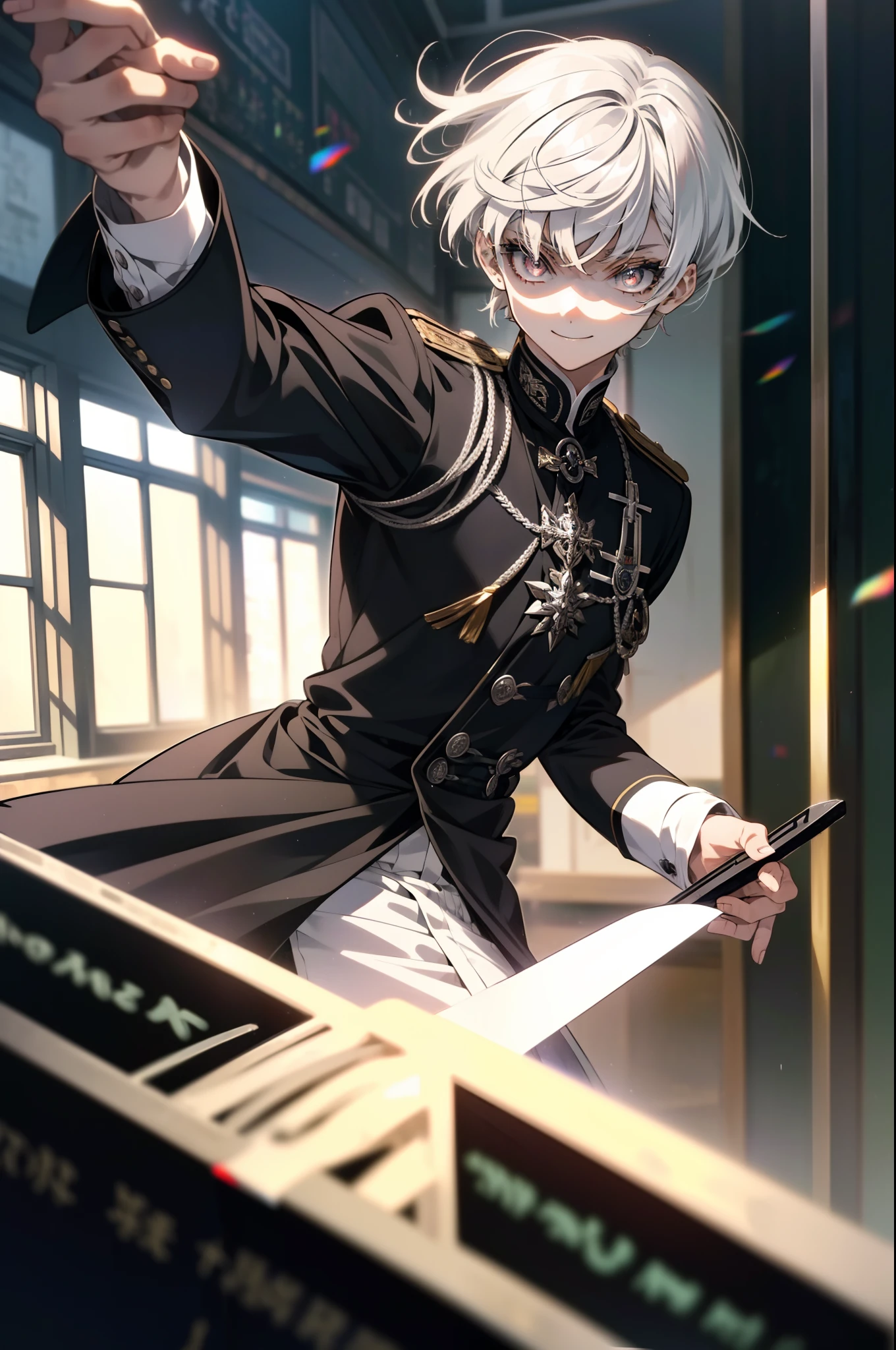 solo, ((anime boy with white hair)), ((extremely detailed silver eyes)), (bangs), (cool), (confident smile), (((in traditional black school uniform))), ((classroom in background)), ((high quality)), (((extreme detail))), (full body art)