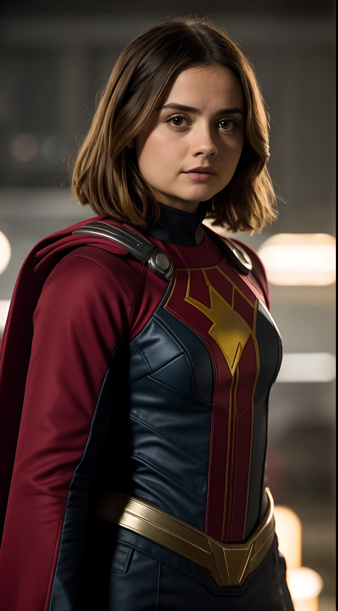 Foto RAW, Jenna Coleman com uniforme preto e vermelho,dark ,superhero,savior of the galaxy and the universe,(pele altamente detalhada: 1.2), 8k UHD, DSLR, soft-lighting, alta qualidade, grain of film, Fujifilm XT3