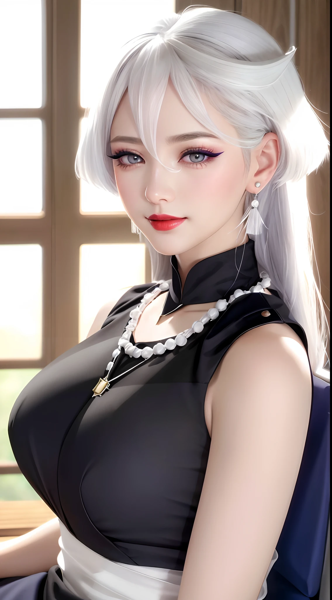 sitting the desk, aroused, necklace, Earrings, full bodyesbian, Long white hair, White kimono, masterful, hyper HD, RAW photo, Realism: 1.25), (bright lip gloss, Long eyelashes, Smooth face , Bright Skin, naturalshadow, Wide light, Wide light, Depth of field, strong colors, subtle caustics: 0.8), Smile, (Big tits), v6