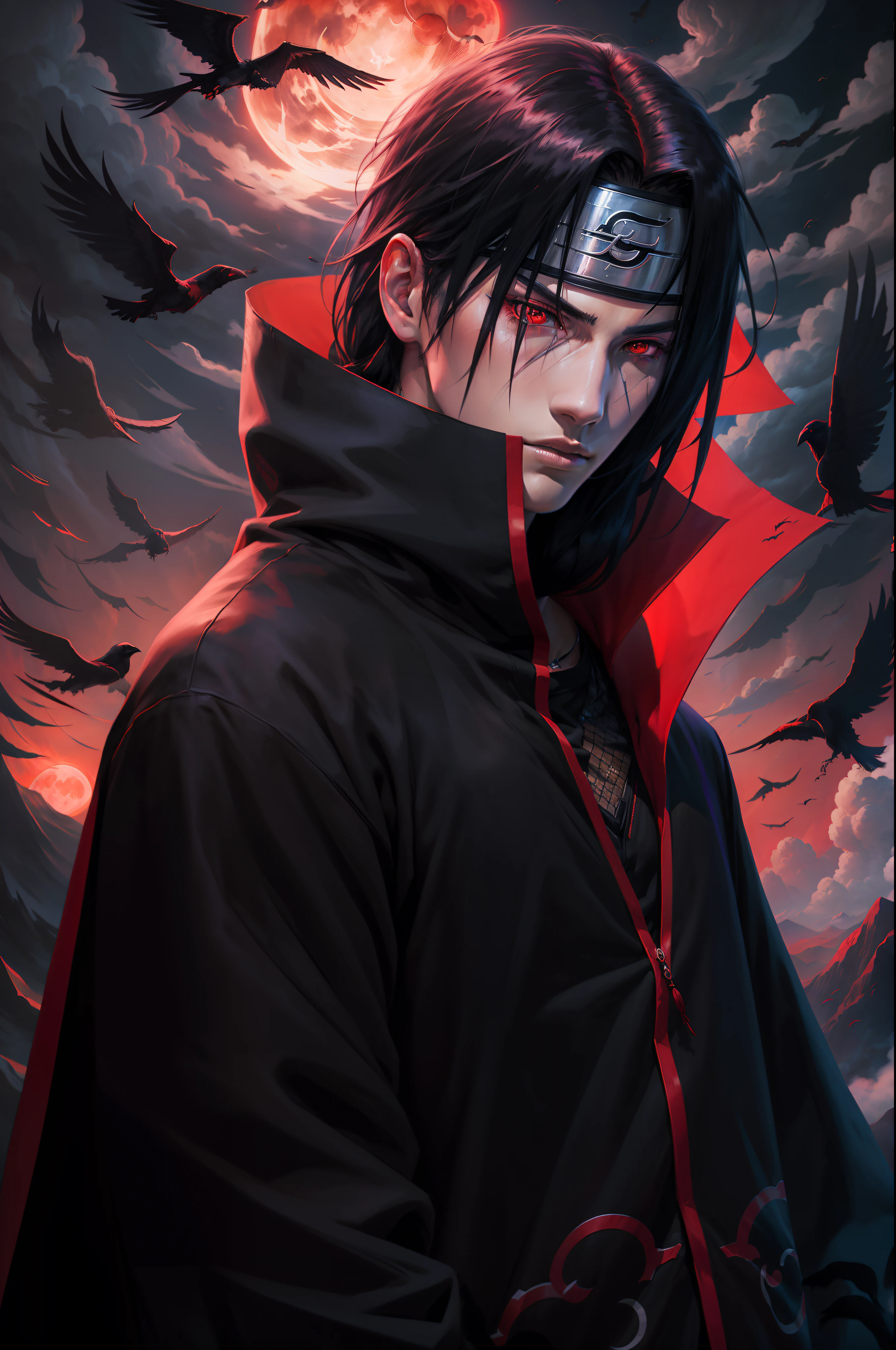 a young man covered in black cape with akatsuki cloud, itachi uchiha, itachi, akatsuki akira, itatchi uchiha from naruto, epic digital art illustration, shinobi, naruto artstyle, red moon in the background, red theme, long hair, crows surrounding him