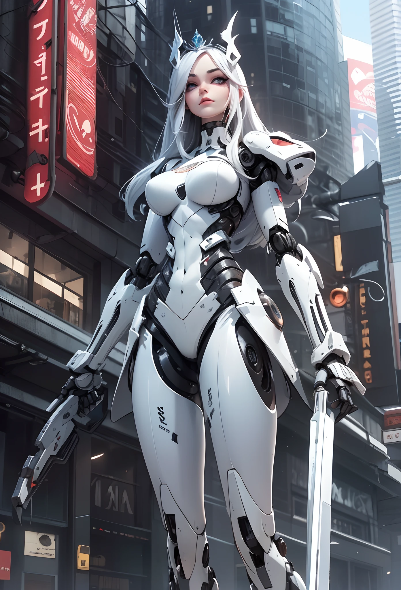 (Artwork of exceptional craftsmanship),(Detailed illustrations,(Very ideal anatomy),Very detailed and detailed drawing,Delicate lines with slow and rapid,(Realistic texture expression)),[Color tressed main line],[Skyscrapers of a modern city can be seen in the distance], ((ANIME)) (Giant white ROBOTGirl SKINNY towering over the building street [Total length 40 meters]),[AUTOMATON] (ROBOT FACE [Luminescent eyes]) [Chain-shaped hair] (Delicate thin fingers) (MACHINEKNIGHT [Titanium skeleton]),[It is called the princess lily of white porcelain] Large crown with large raised shoulder rests (Elegant appearance with a lot of curved surfaces Smooth body surface) (Ruffle Petticoat) [White lily pattern],[[TITANWEAPON]] Mecha Body Metal Skin [Cable running down the body surface [gear wheel]],[Platinum coating],[Science Fiction Mechanical],(Huge feeling),(Perfectly proportioned),(Fine and beautiful skin expression [realistic skin detail]),[Design built to the highest level,[Advanced structural understanding of materials],Ideal color coordination],(Intricate and beautiful decoration [Dense detail]),(More on shiny hair),[Perfect hand details [Beautiful Finger]],(Beautiful perfect face [Realistic face details]),[Clear gaze],[long and beautiful eyelashes],[Perfect eye details (Eyes beautifully drawn down to the smallest detail)],(detaileds,high-detail),([Precision Detail],[multi-layer texture],HighQuality,hight resolution),[(Accurate simulation of light-material interactions),Understanding Airflow,Mechanically correct representation],[Visual art that conveys a sense of narrative] [Full body like],[[Desaturation]].