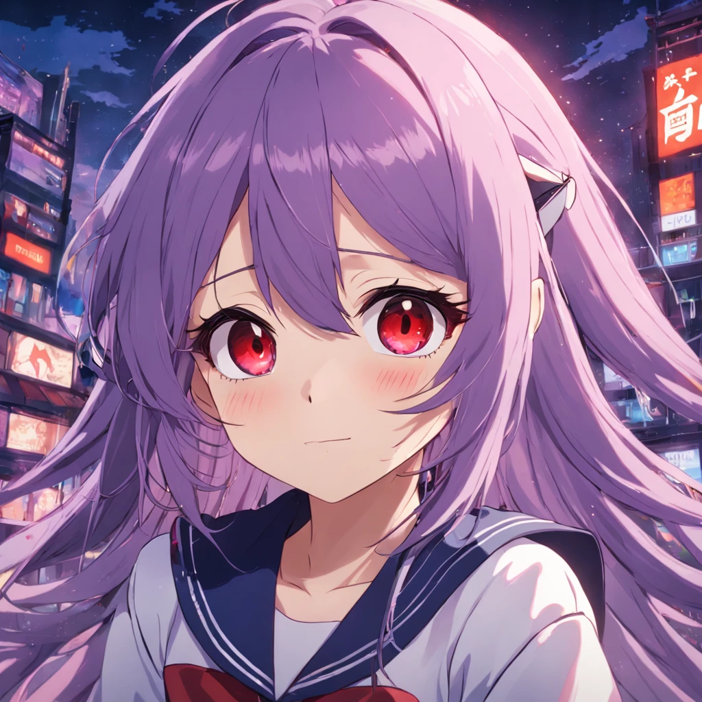 Secondary 2 girl,Purple colored hair,Wear an eye patch over the left eye,Red pupil of right eye,ssmile,Wearing a sailor suit