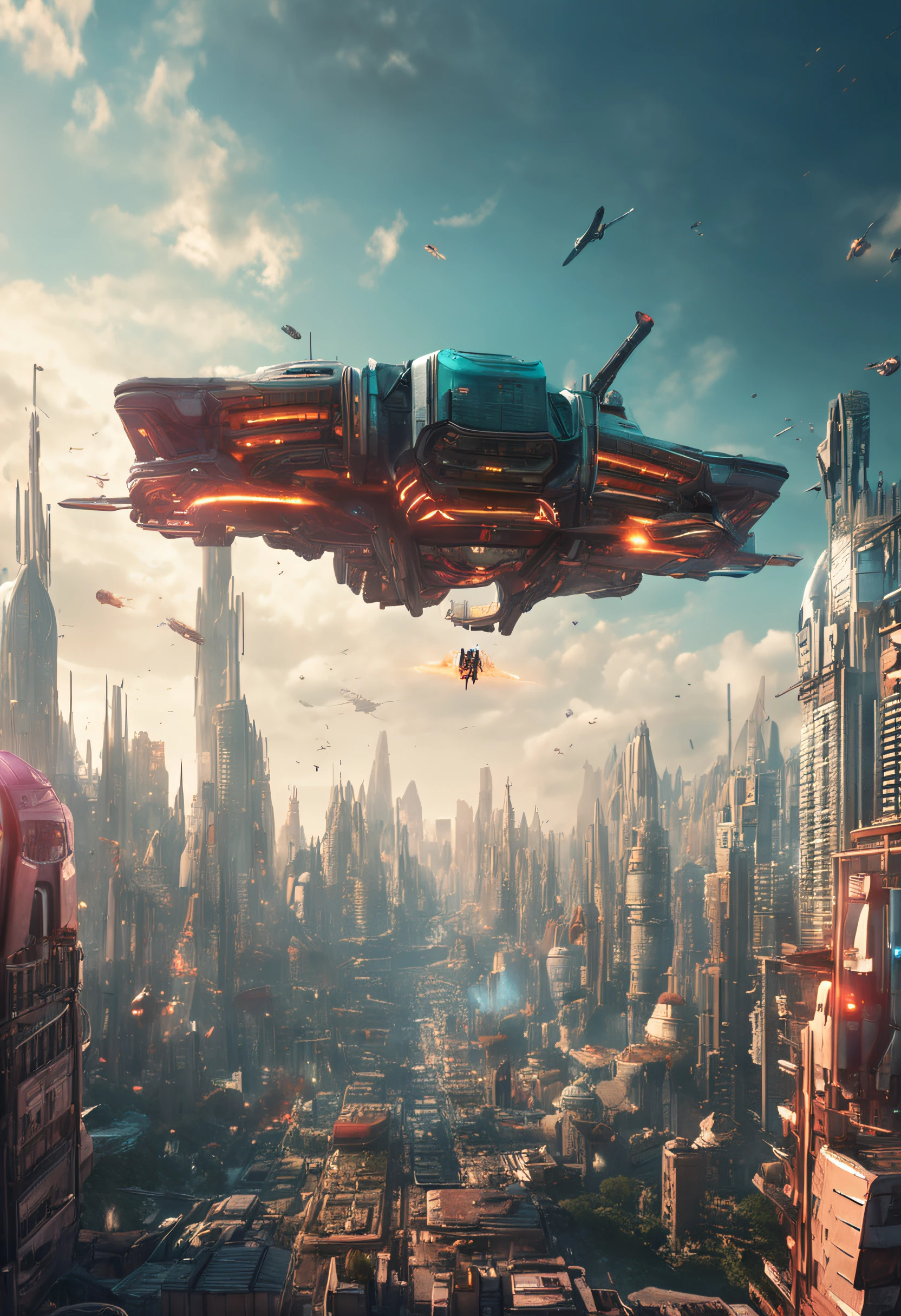 {Best quality}, {{Masterpiece}}, {A high resolution}, Original, Extremely detailed 8k wallpaper,A man rides on a giant missile,tiny wings, Fly in the sky, mystical, science fiction writer style, adventure, mega city, future Lex luthor city, beams, grasping power