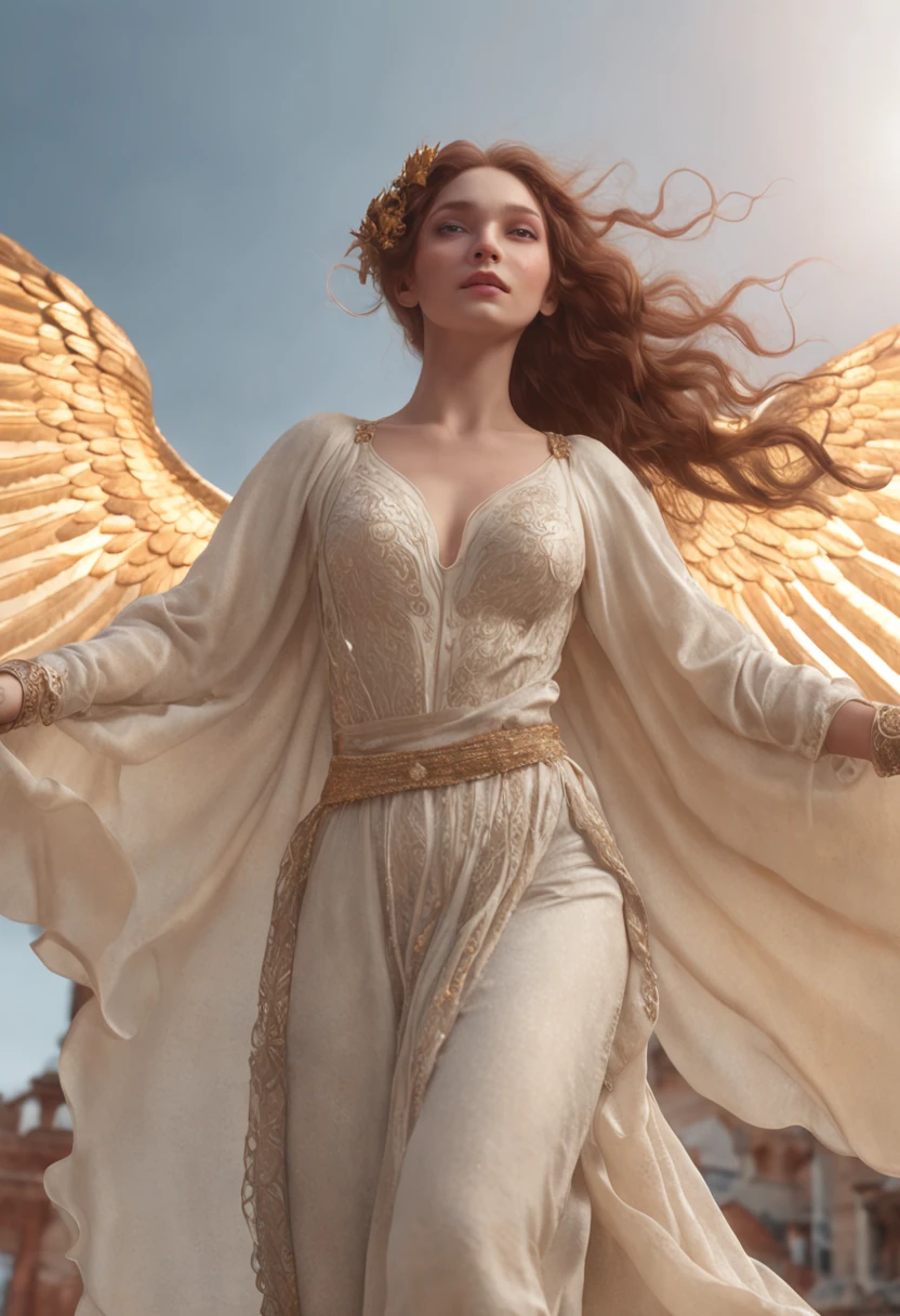Angel with burnt wings walking along a scorched wasteland