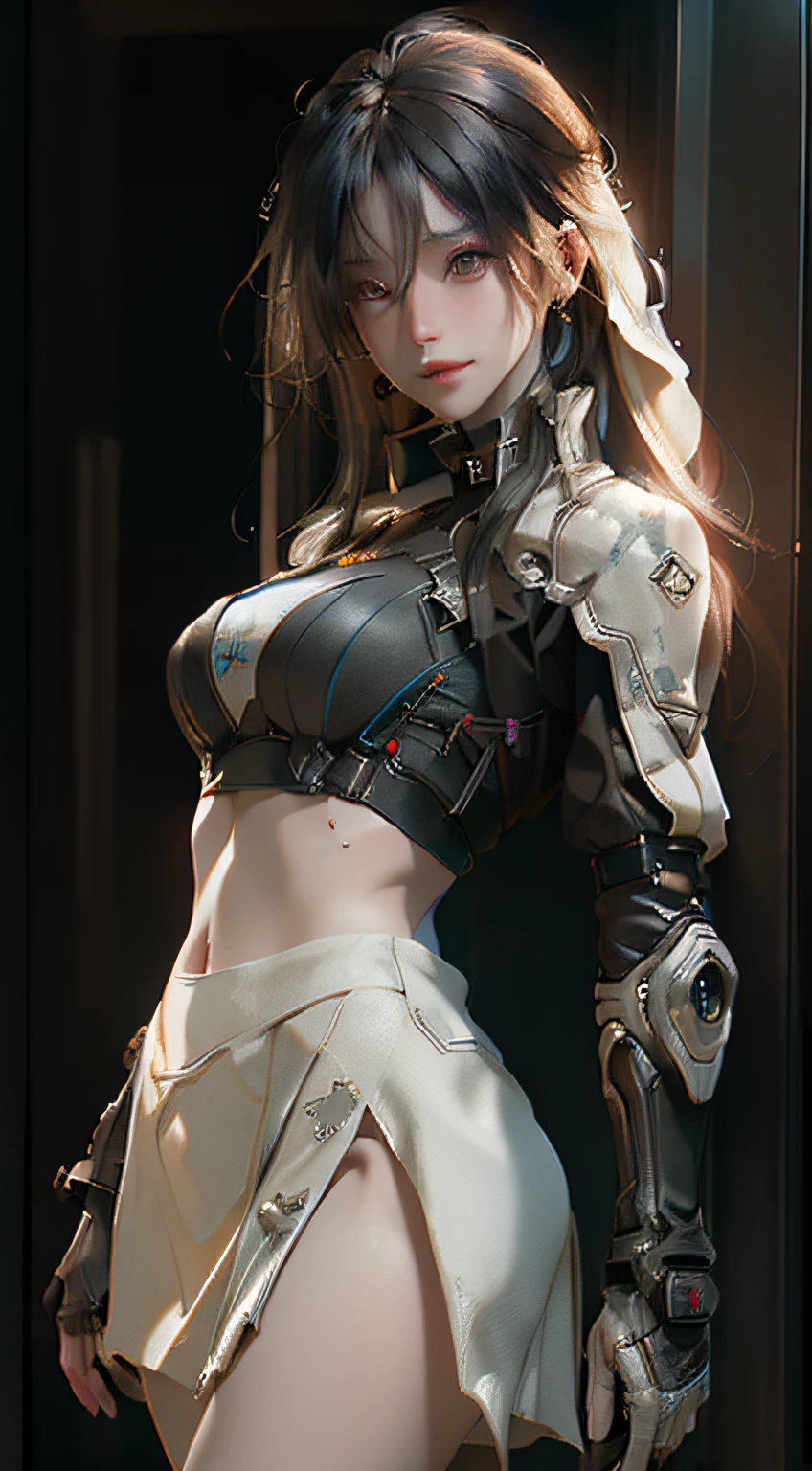 Woman body defined perfect thighs cybernetic body parts large breasts, small and transparent underwear