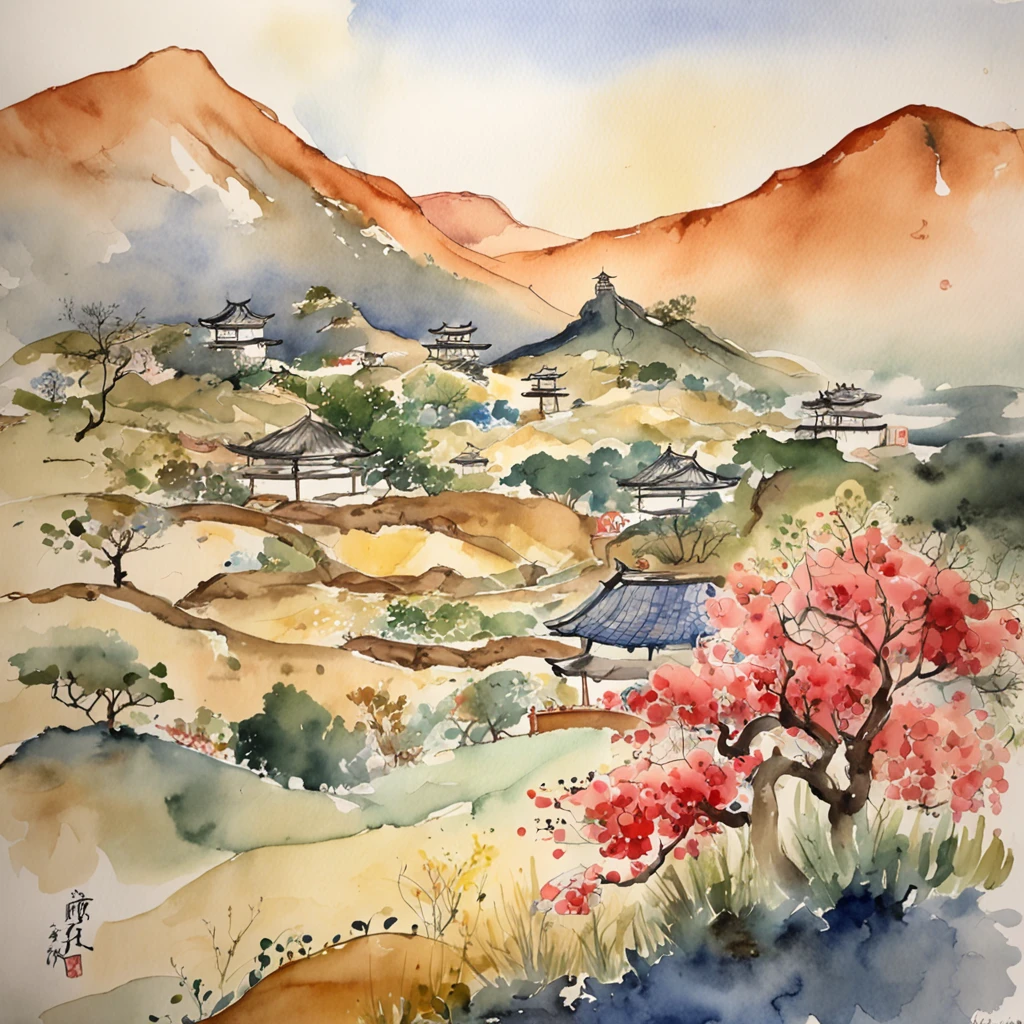 Japan samurai watercolor and ink painting, Watercolor of desert mountains and villages by James Jean, john william waterhouse, Gustav Klimt, Frank Lloyd Wright.  ●W 4096 - H 2160