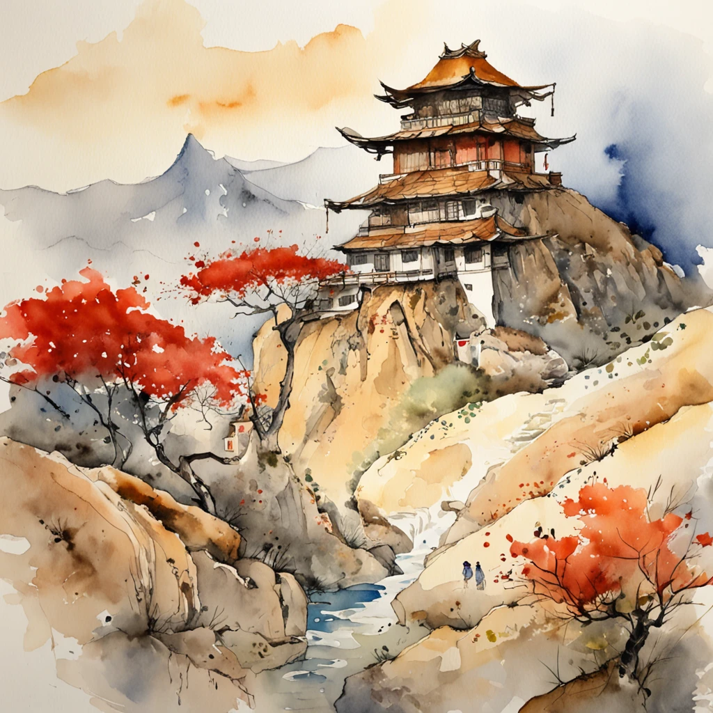 Japan samurai watercolor and ink painting, Watercolor of desert mountains and villages by James Jean, john william waterhouse, Gustav Klimt, Frank Lloyd Wright.  ●W 4096 - H 2160