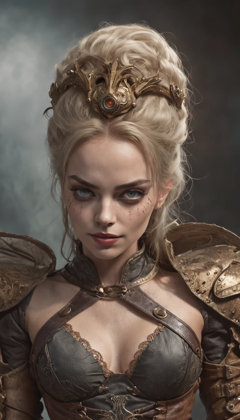 Margot Robbie como la hermosa y deslumbrante mujer steampunk, (cuerpo completo), Ojos ultra detallados, Cuerpo ultra detallado, Bonita cara perfecta con piel suave, Impresionante cuerpo femenino, ((Manos ultra detalladas)), Masterpiece Concept Fantasy Art, tendencias en Artstation, hiperdetallado, Arte digital, Motor irreal, 32K, Ultra HD, Imagen centrada, ilustraciones de Luis Royo y artgerm y greg rutkowski y Alphonse Much
