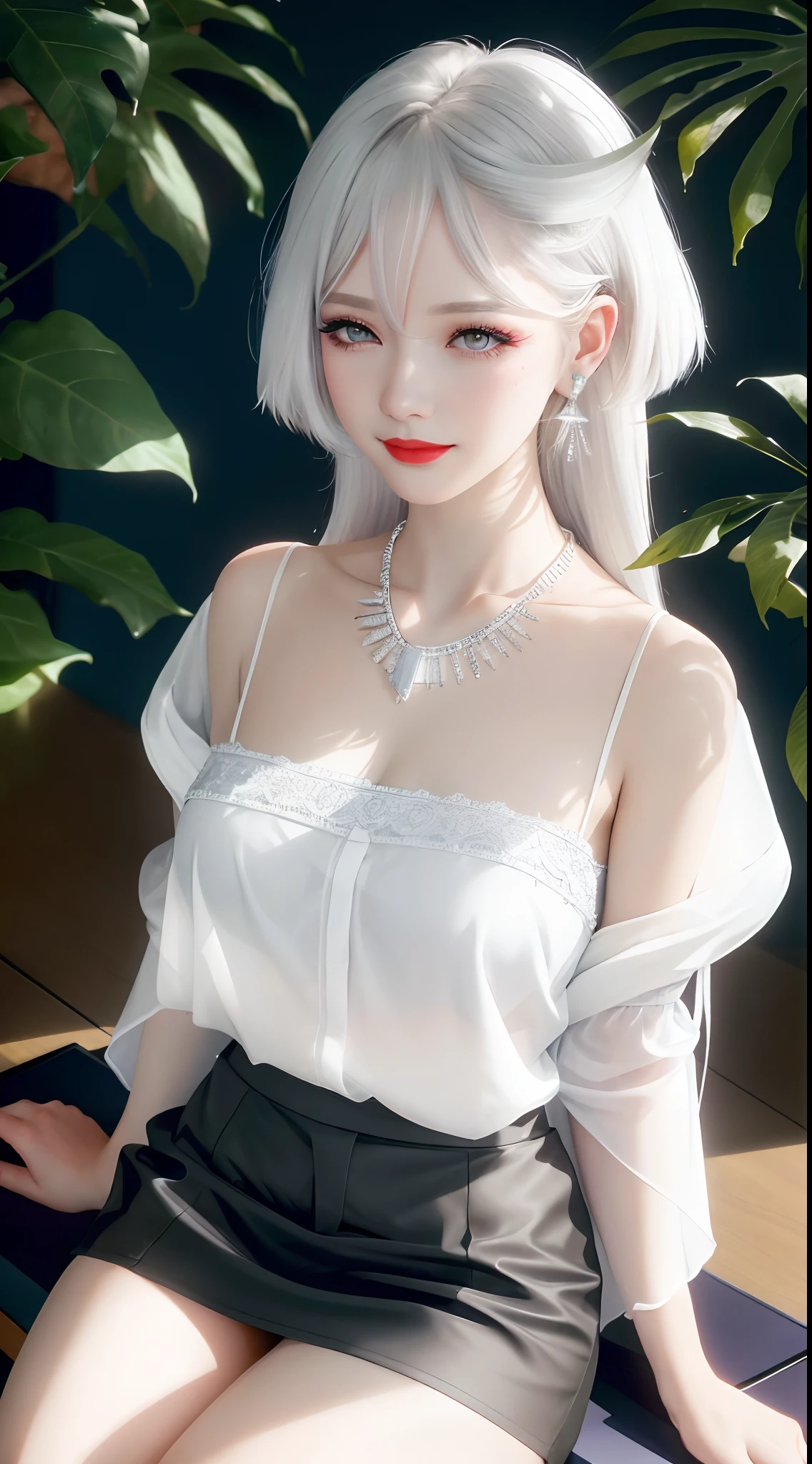 sitting the desk, aroused, necklace, Earrings, full bodyesbian, Long white hair, White kimono, masterful, hyper HD, RAW photo, Realism: 1.25), (bright lip gloss, Long eyelashes, Smooth face , Bright Skin, naturalshadow, Wide light, Wide light, Depth of field, strong colors, subtle caustics: 0.8), Smile, (Big tits), v6