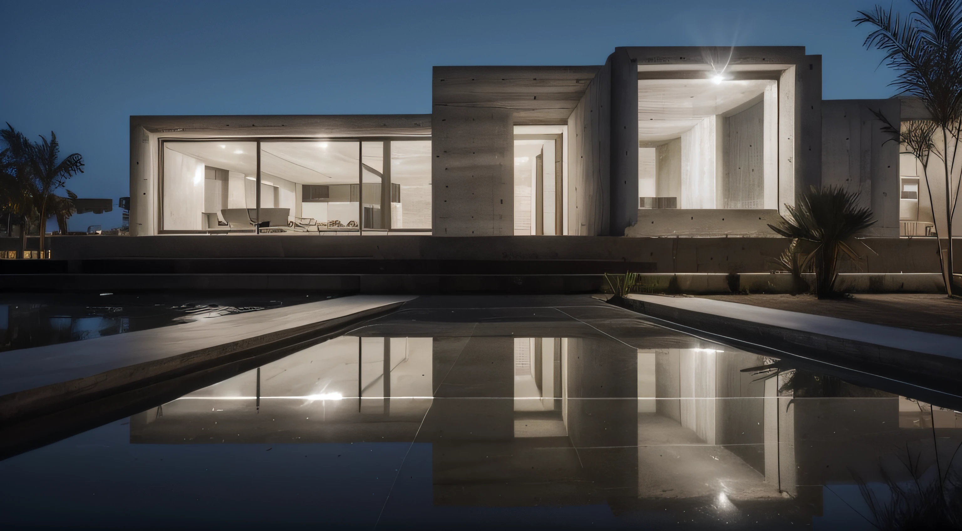 modern concrete building with several symmetrical columns in a water mirror above, dark, shadows and lights, front view with perspective