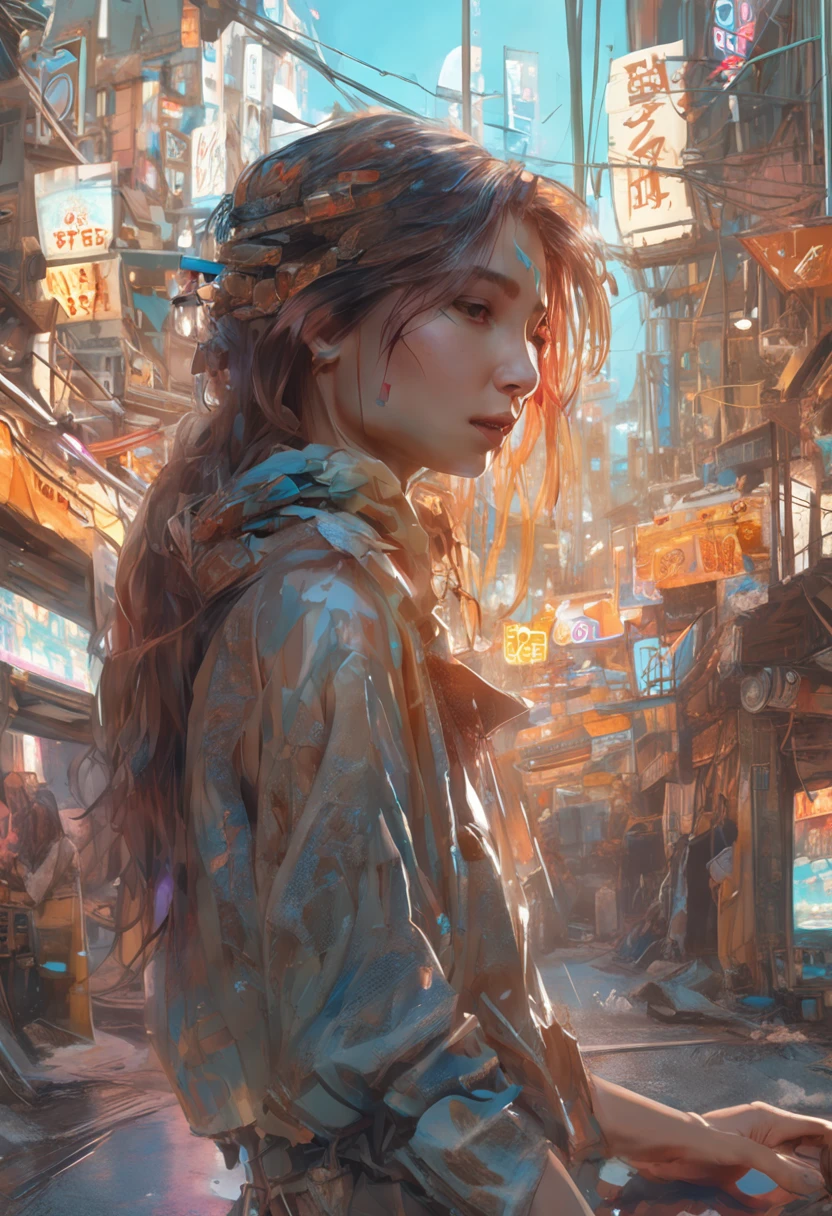 Girl in champagne color fashion city clothes at bar, , Long messy hair, Smiling, full bodyesbian, Beautiful anime waifu style girl, Super detailed painting, Luminism, art by Carne Griffiths and Wadim Kashin concept art, 4K 分辨率, fractal isometrics details bioluminescens , a 3D render, rendering by octane, intricately details , Cinematic, trending on artstation Isometric Centered hyperrealistic cover photo awesome full color, handpainted , grittiness, Realistic Mucha , hit definition , Cinematic, On paper, Ethereal background, Abstract beauty,Stand, nearing perfection, Pure form, Golden ratio, Maximalism, Unfinished, concept-art, author：Brian Froud、Carne Griffiths、Wadim Kashin and John William Waterhouse, Intricate details, 8k post production, high resolution, ultra - detailed, trending on artstationh, Sharp focus, studio photo, Intricate details, Highly detailed, by Greg Rutkowski