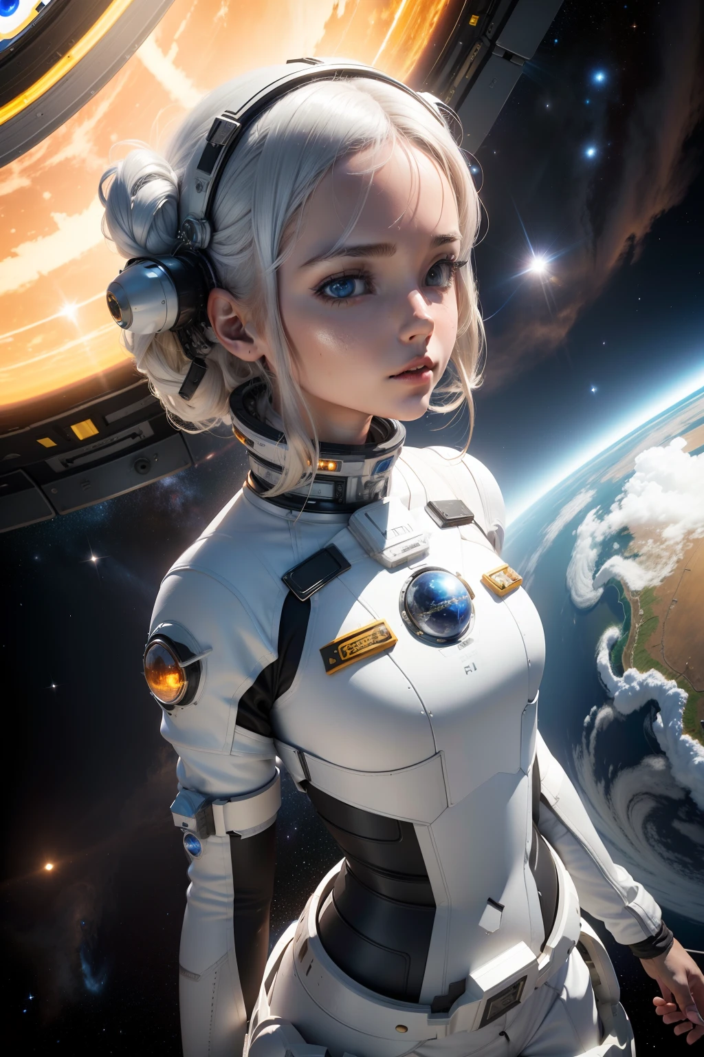 Blur on background, a girl, space station vore station, card game illustration, white floor, she is floating in the air, her hair is silver, an escape room in a small, girl wearing robotic suit, anime. soft lighting, android, official character illustration, realistic, in detail, cup in the air, brown water in the air, internal, indoor,