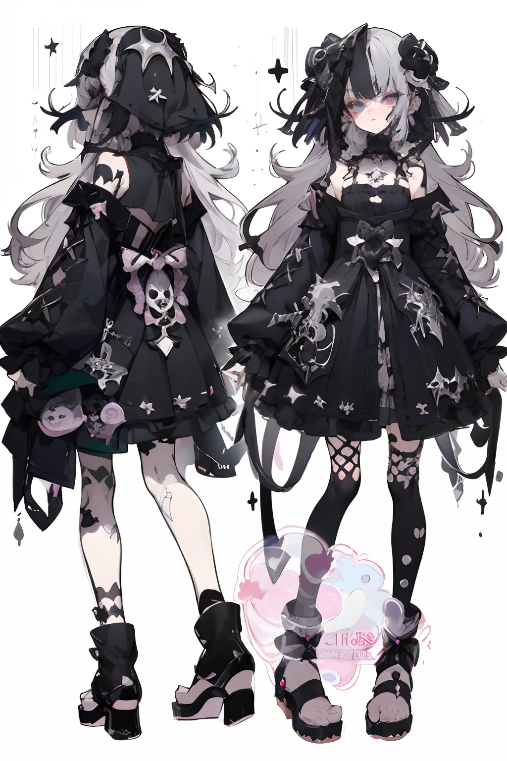 a close up of two anime characters wearing gothic clothing, witchcore clothes, anime full body illustration, 1 7 -  - old me goth girl, outfit design, gloomy style, full body illustration, full body adoptable, pretty anime character design, gothic maiden anime girl, detailed full body concept, fullbody commission for