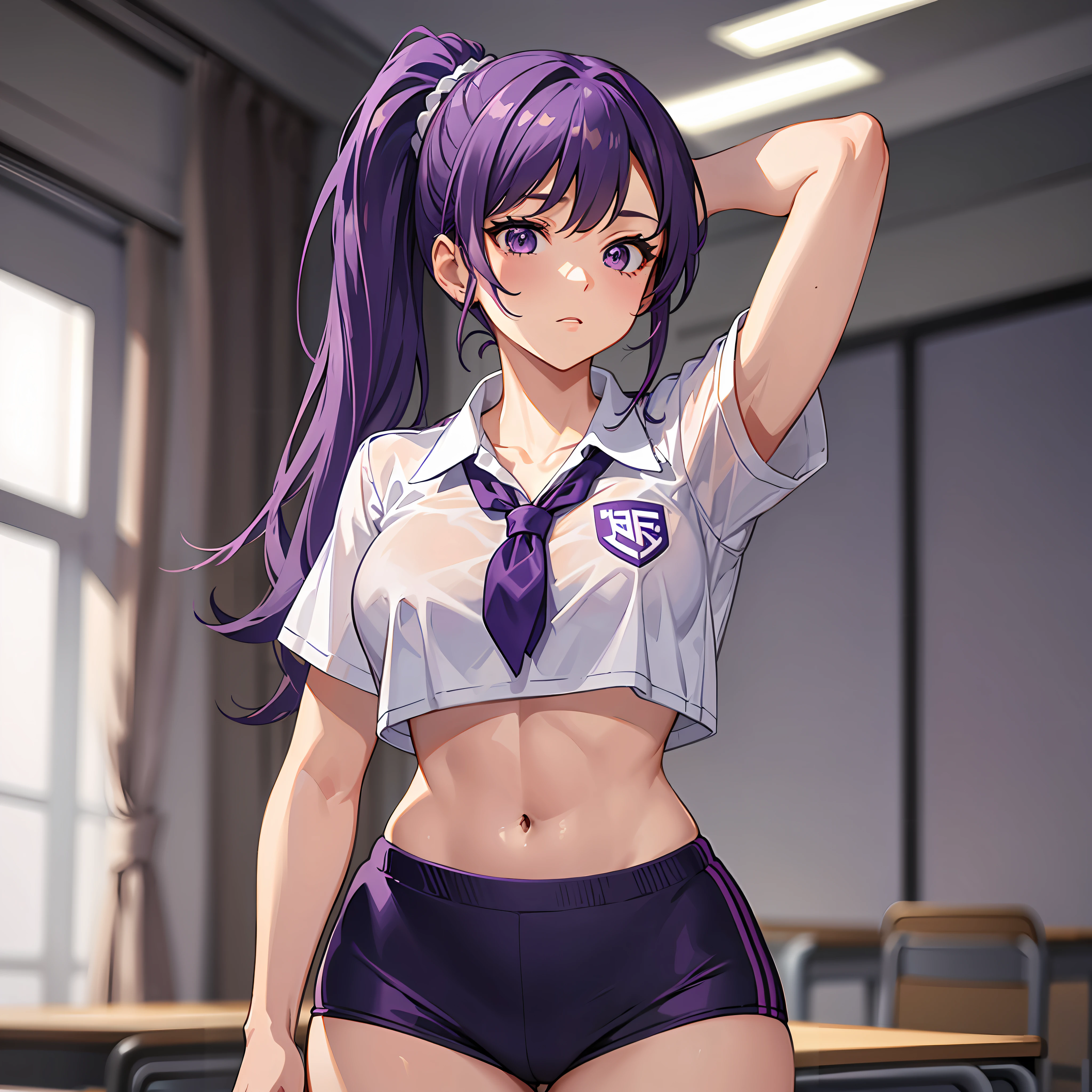 A woman, athletic body, perfect body, tabby body, purple hair, purple eyes, ponytail style hair, school uniform, inside the classroom