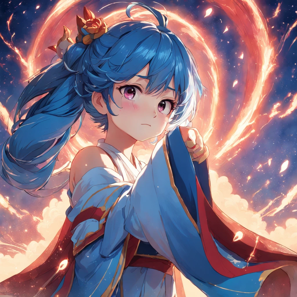 Make an art of the character Ganyu (garota cabra) chifes vermelhos e cabelo azul. obra-prima, melhor qualidade, filme ainda, 1girl, garota nuvem, floating into the sky, close-up, brilhante, feliz, Soft lighting and Warm, sun sunset, (Sparks: 0,7)