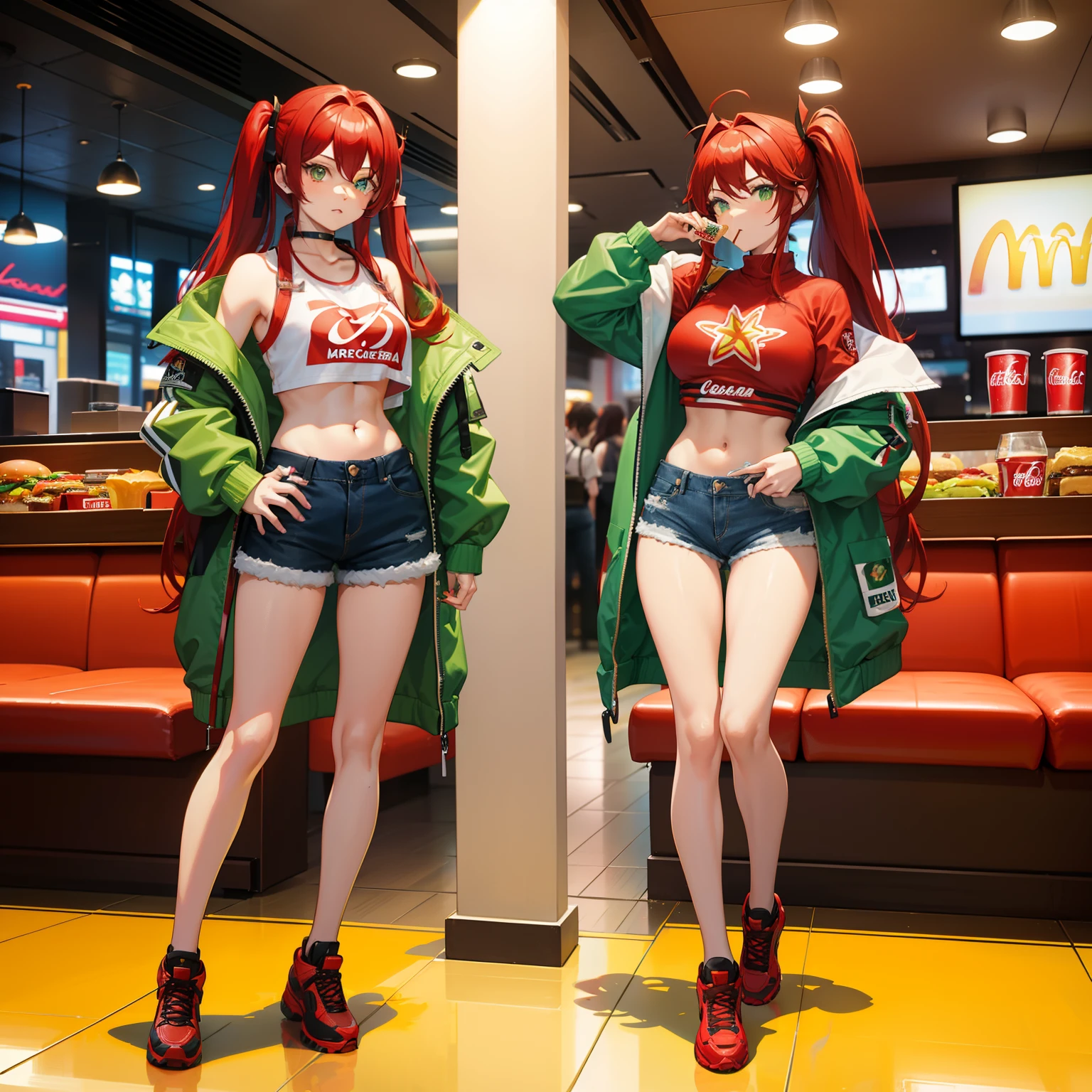 Full body shot, female asian Irina Shidou red hair twintails green eyes, in a McDonald's restaurant, wearing a bomber jacket and crop top and denim shorts, eating a cheeseburger and drinking a Coca-Cola, side shot, back shot, shot from backside, behind shot, masterpiece, highly detailed