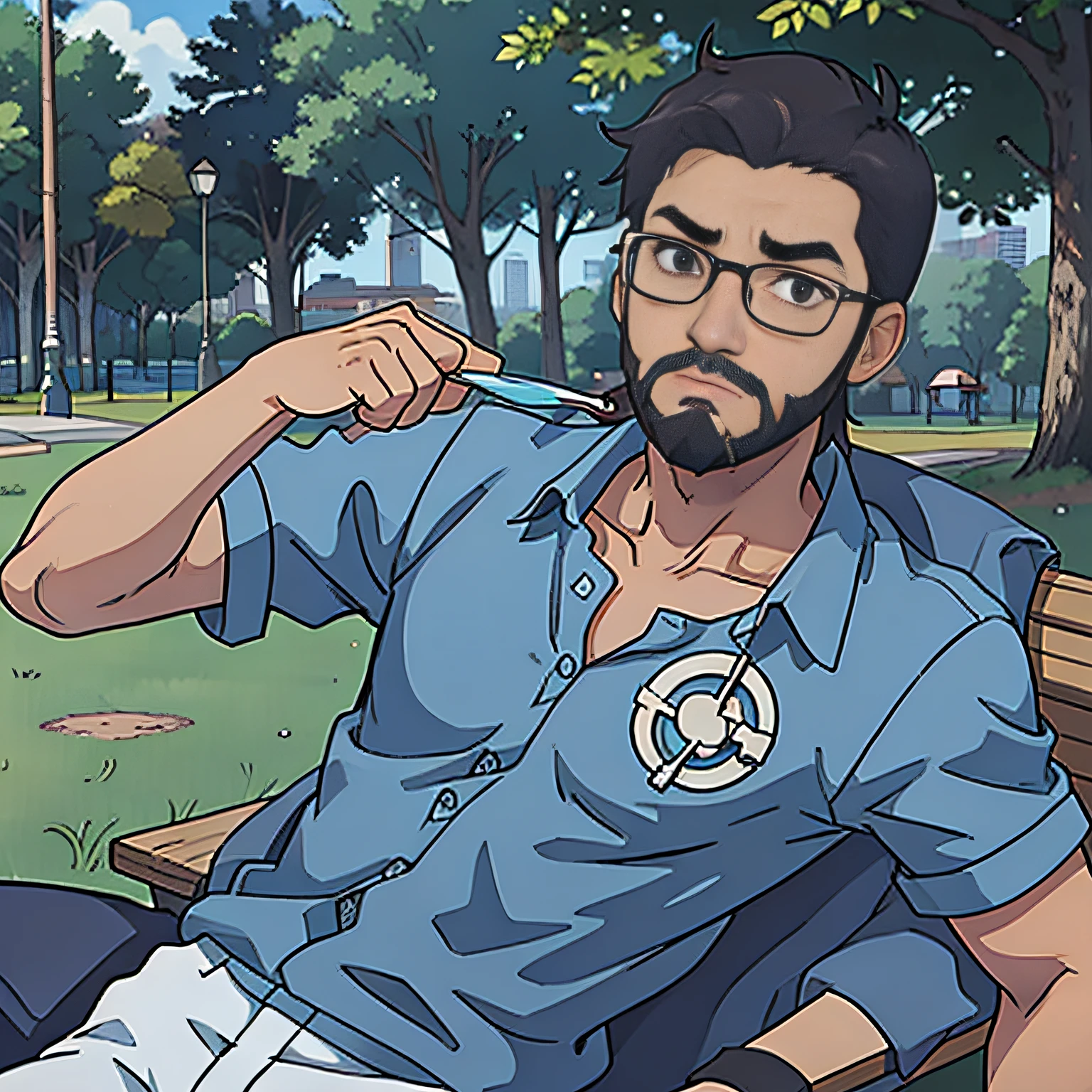 skinny Boy tanned skin with glasses and beard with blue shirt in a park