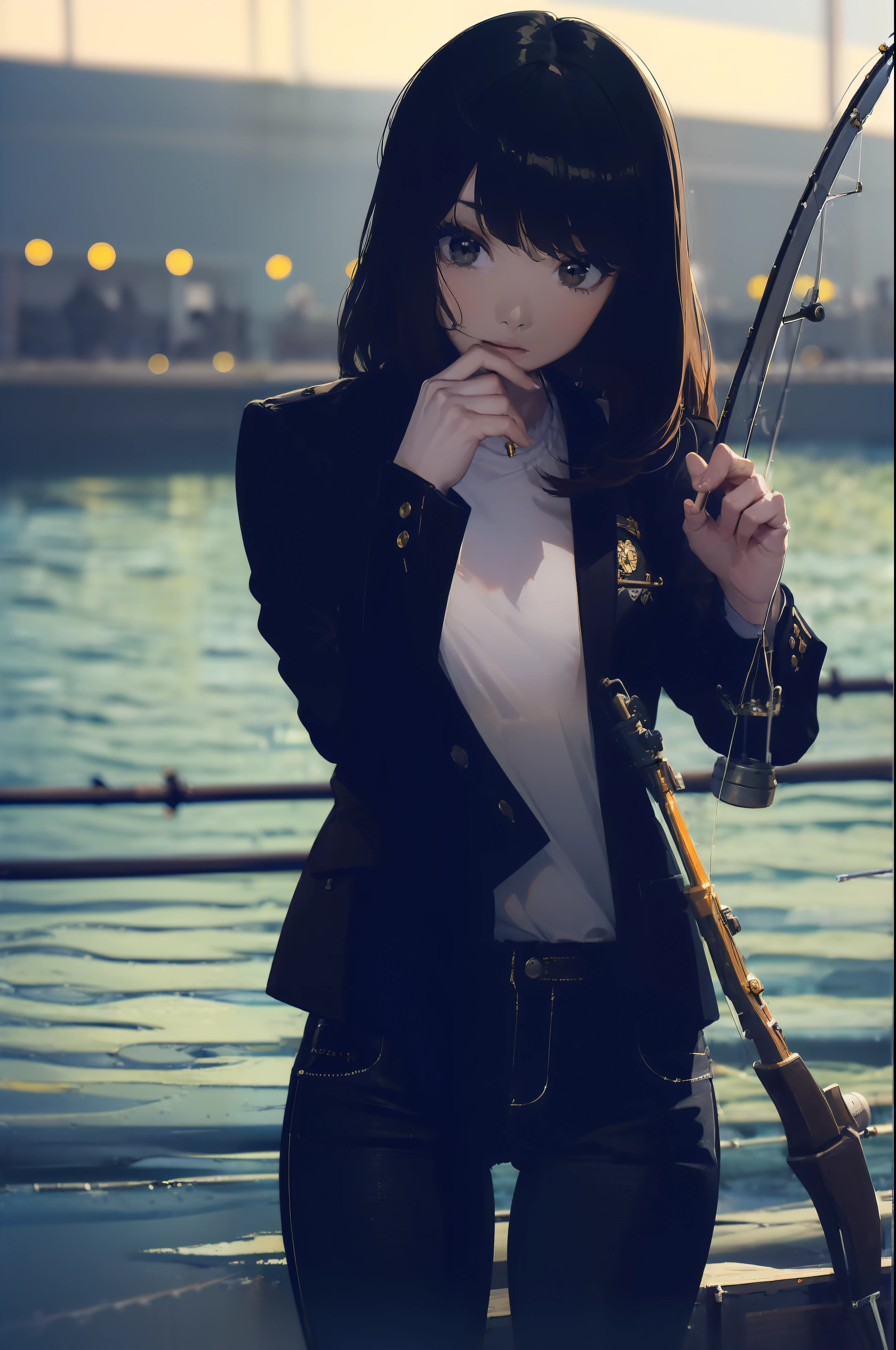 ((((having a fishing rod with a reel by the lakeside:1.5)))),((Female 28 years old)),((Best Quality:1.5)),(((Hands with the correct number and structure of fingers:1.4))),((Big fish:1.37)),hight resolution,ultra-detailliert,masterpiece,best qualtiy,(Eight-headed body),Black hair, long eyes-lashes, Solid Circle Eyes, drop shadow, Atmospheric perspective,Super Detail, ccurate, small brest,(Black jacket and black jeans :1.1),top-quality, blurry backround, bokeh dof:1.2, (masterpiece:1.3), Atmospheric perspective,Super Detail,dynamic compositions,