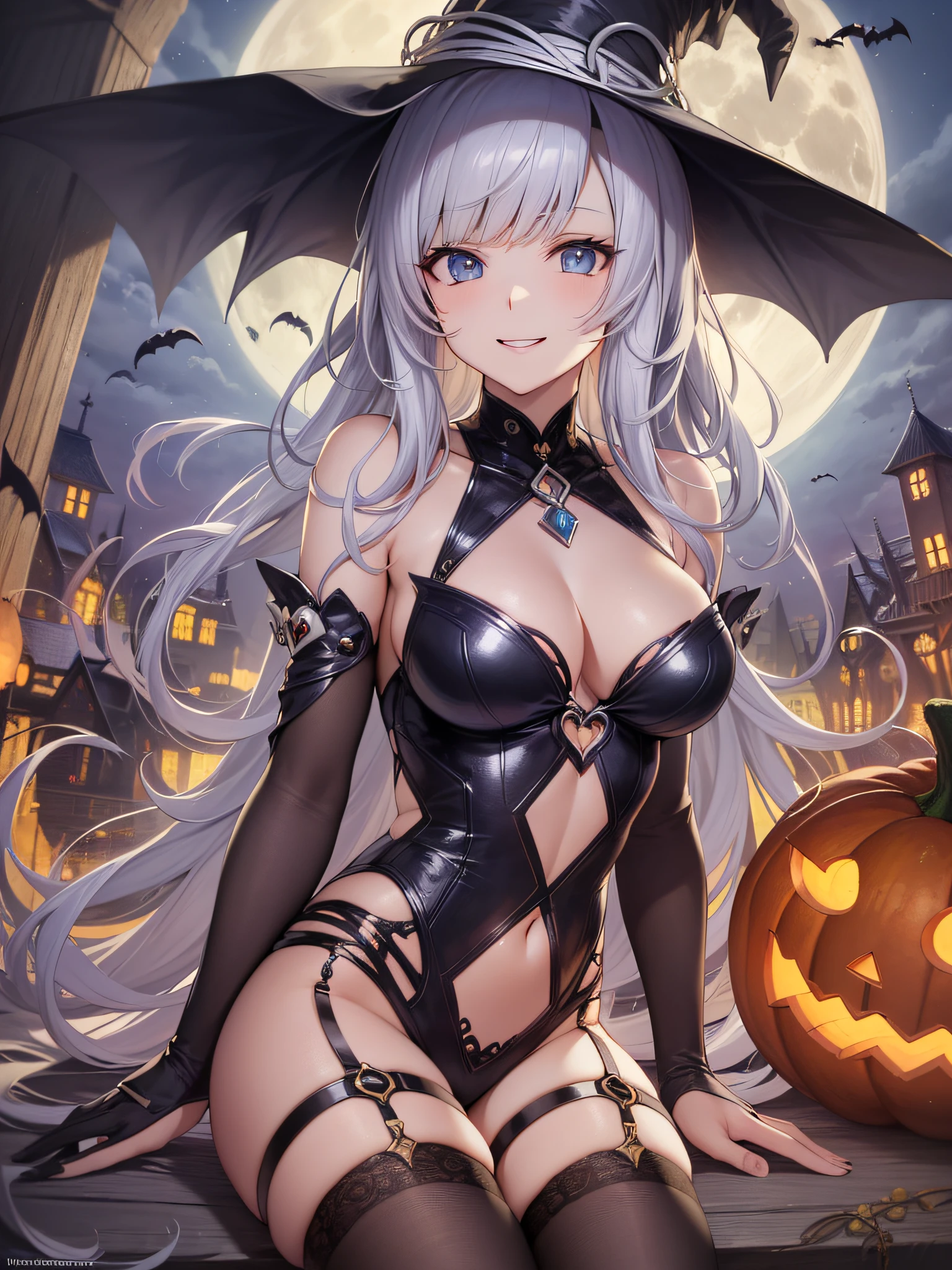 ((masuter piece:1.5)),((Finest quality)),(Ultra-high precision),8k picture,Top quality anime,Highest level of resolution,sharpnes,Clair,Fantasyart,Detailed down to the smallest detail,Phenomenal depiction,Halloween:1.5,((1人の女性,)),the witch,((a smile:1.3),Slim body,Jack-o'-lantern,Deformed bats,fullmoon:0.7