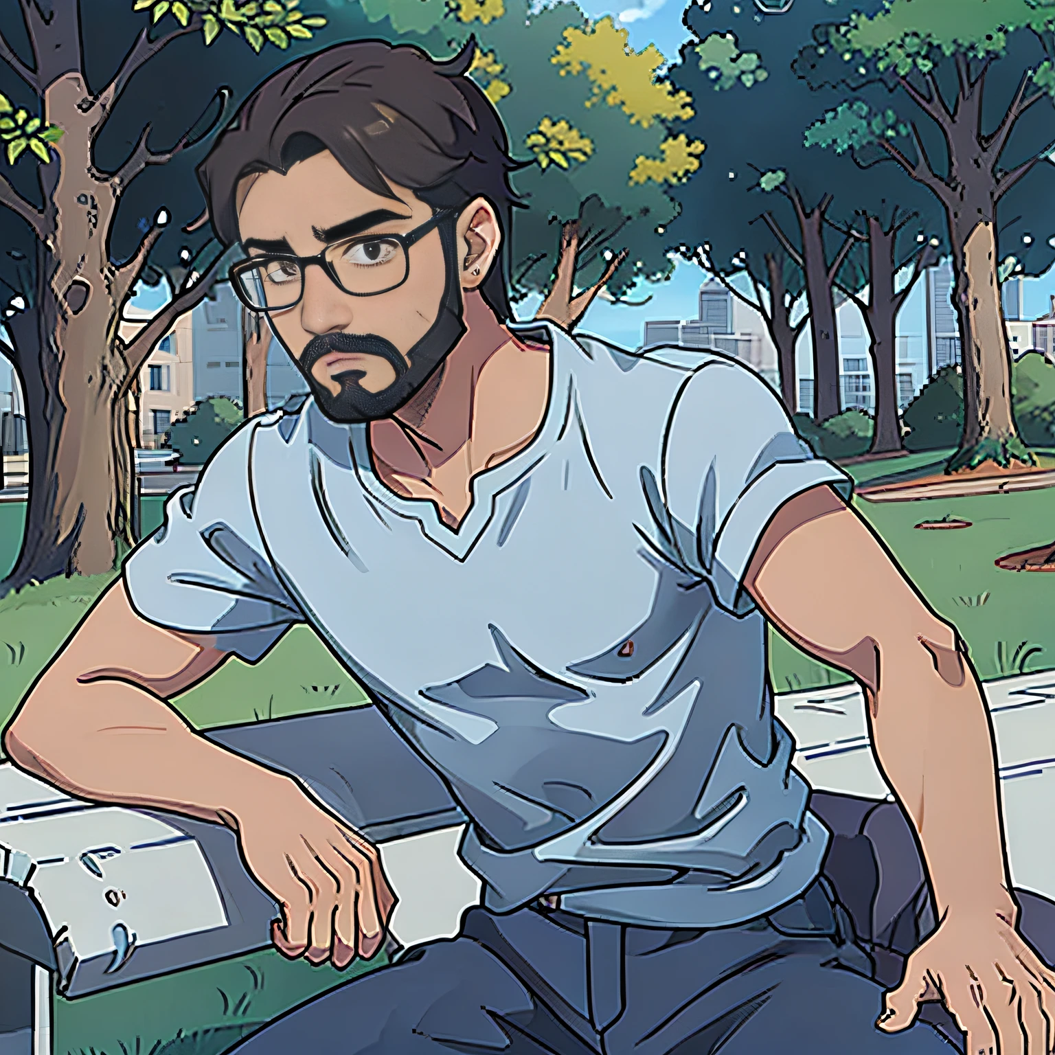 skinny Boy tanned skin with glasses and beard with blue shirt in a park