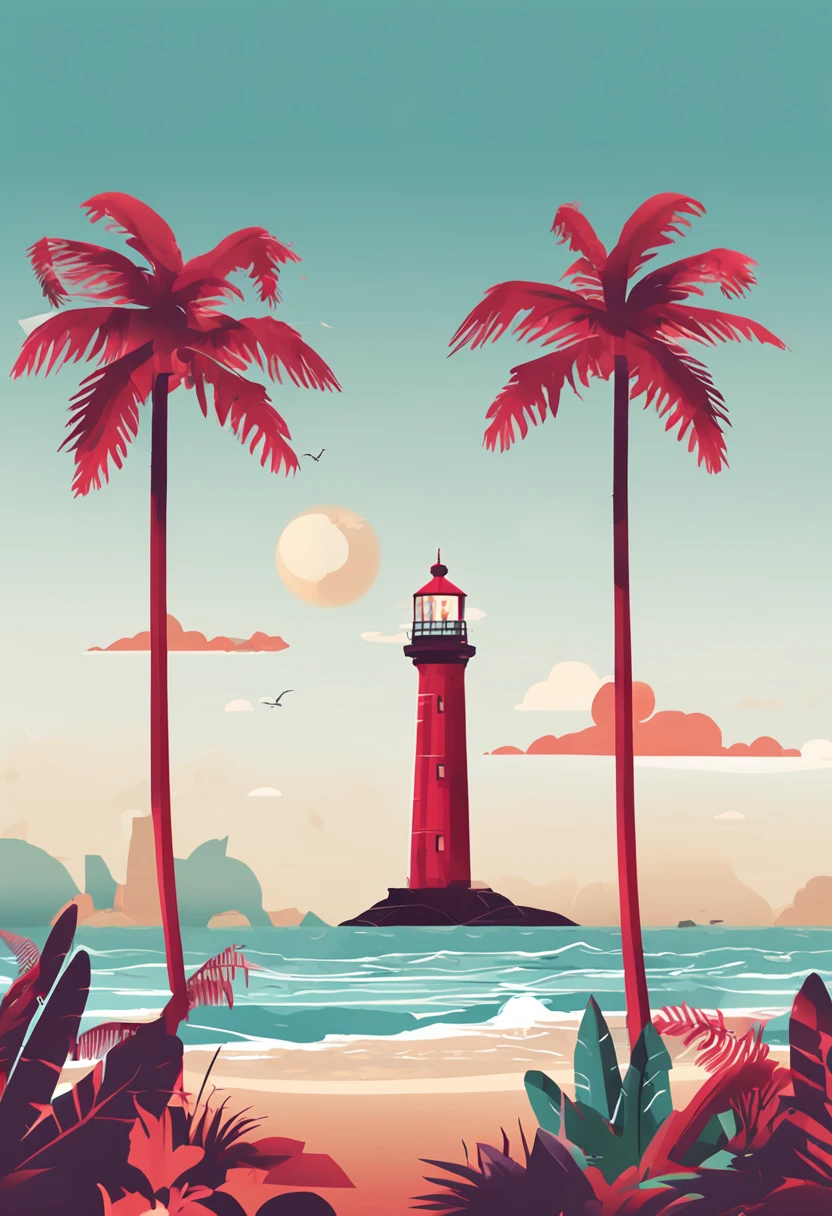 Photograph of T-shaped palm trees in a circle and F-shaped lighthouse beach, 2d illustration, 2d illustration, Flat Illustration, Logo without text, Seafront, SVG illustration, tropical island, Illustration Logo, The Beach (The Beach), Tropical climate, Tropical climate, Red lighthouse F-shape, Palm tree T-shape